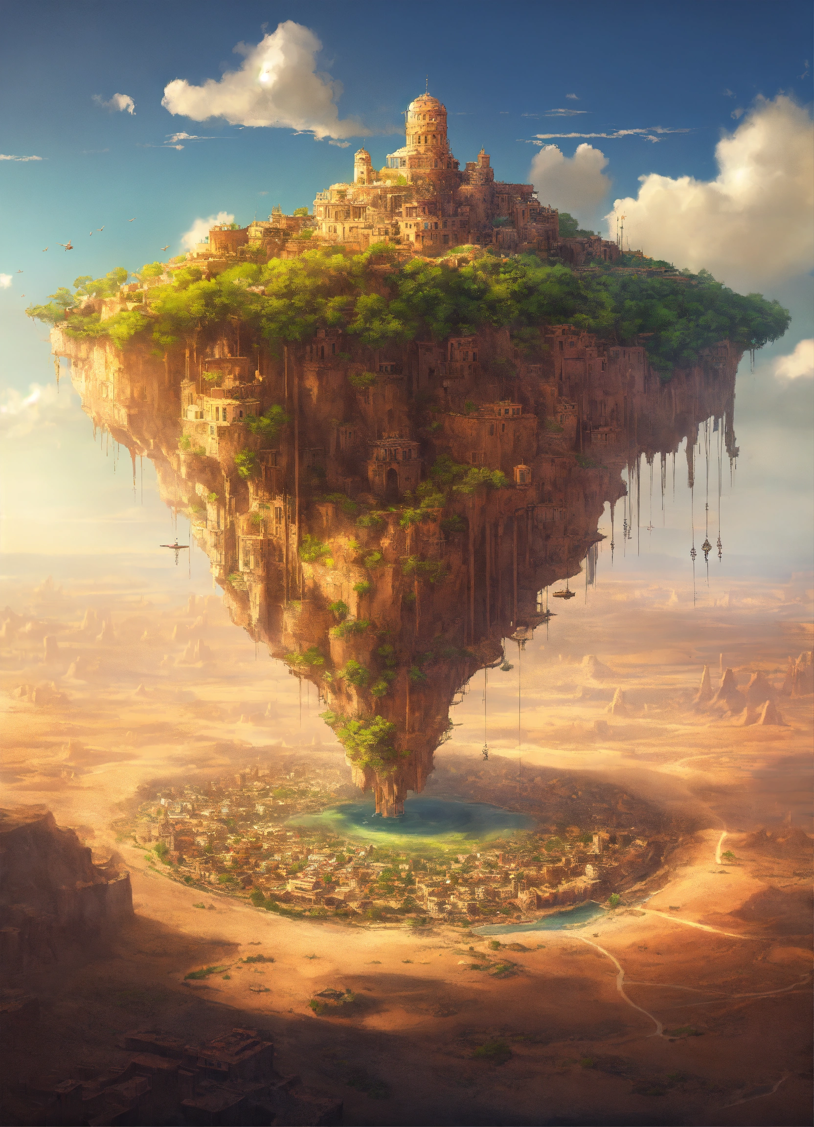 Lexica - A flying island with a city on top in the middle of the desert ...