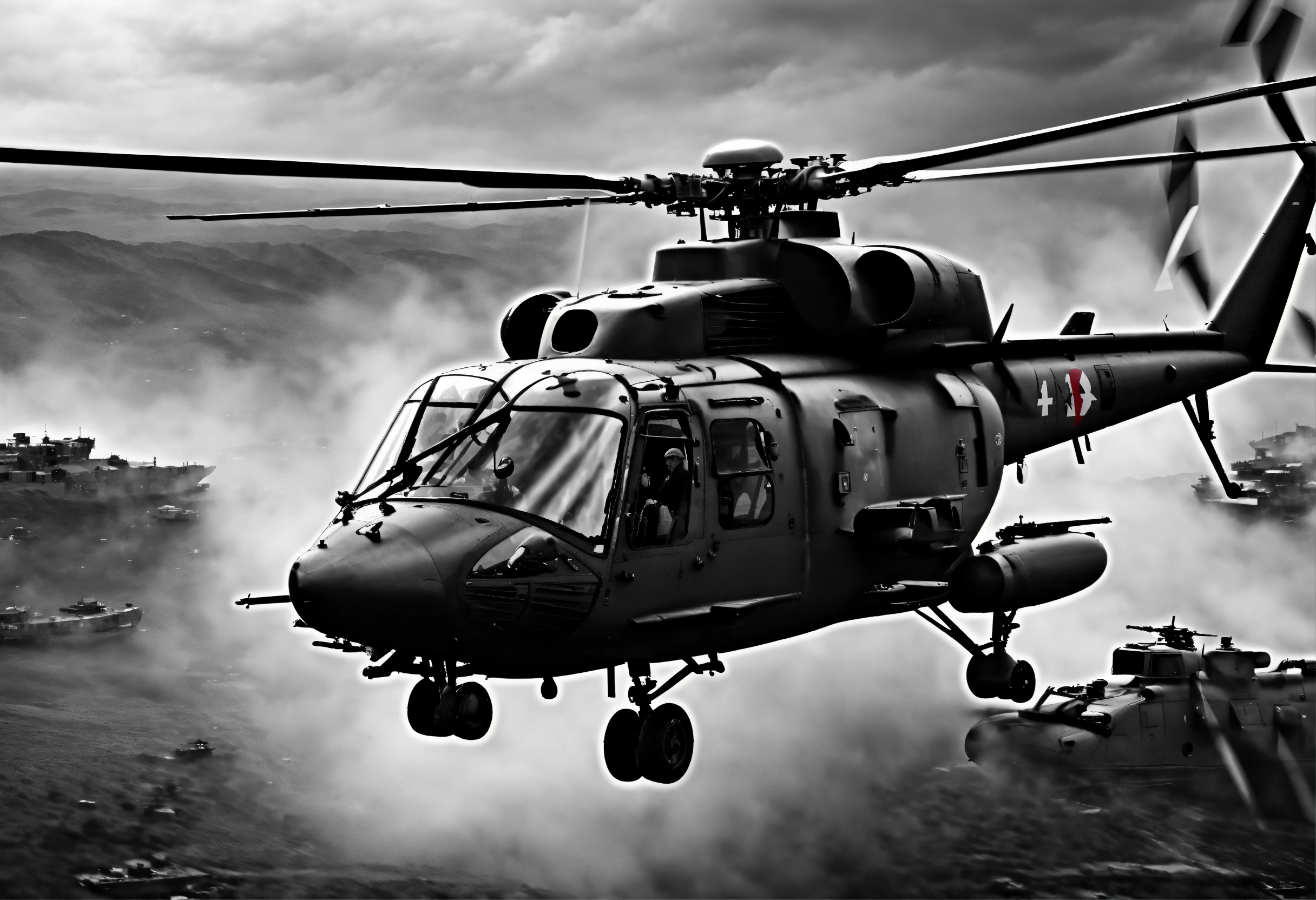 Lexica - Black and white illustration of helicopter from above shooting ...
