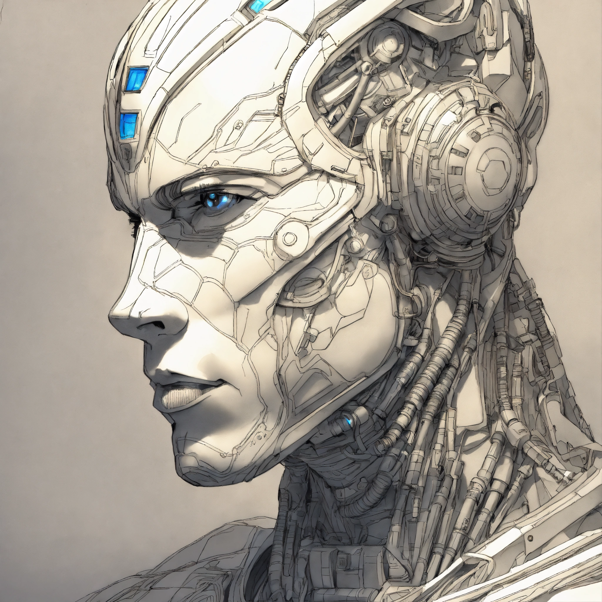 Lexica - Line drawing, enchanted male cyborg, close up face, straight ...