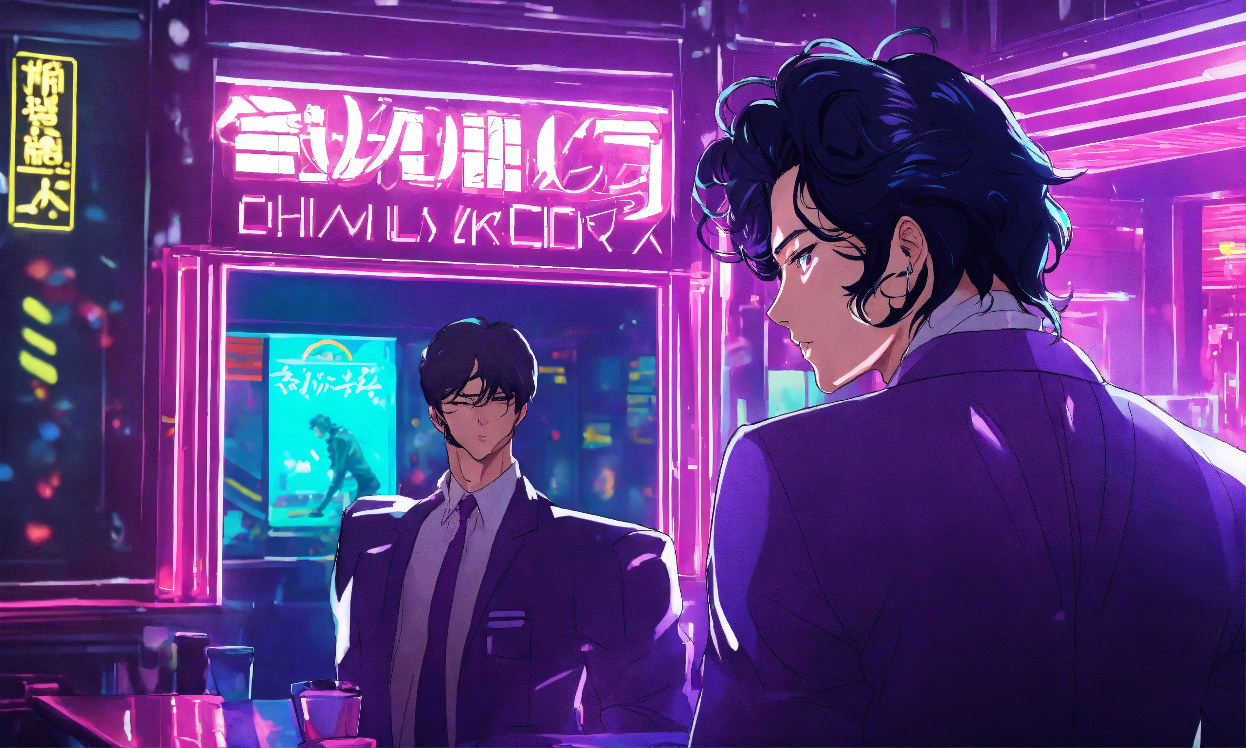 Lexica - 80s anime style, dark-haired man in a purple suit, kissing chrome  robot, night club, neon