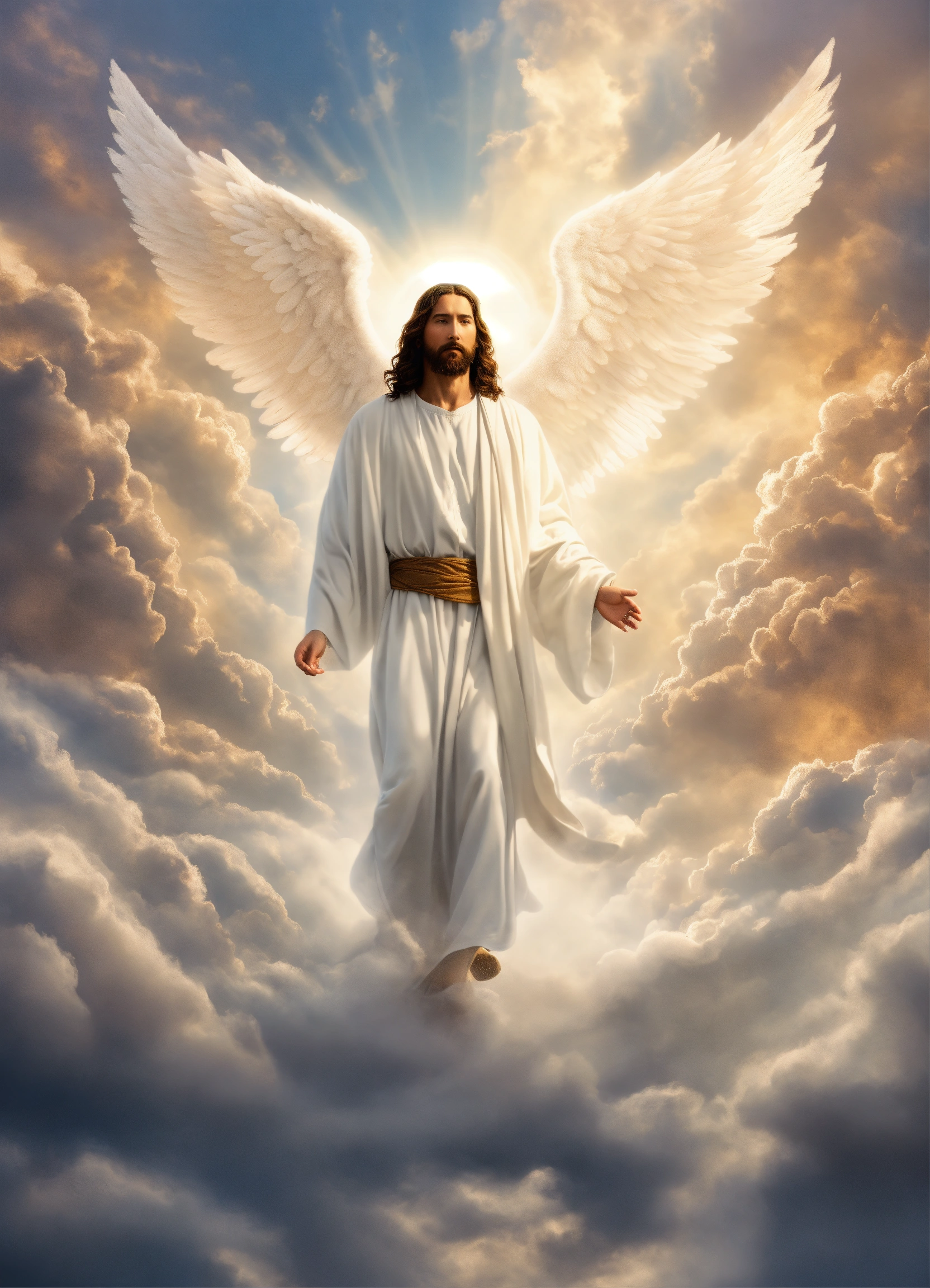 Lexica - Jesus christ walking on the clouds wearing white robes. Angels ...
