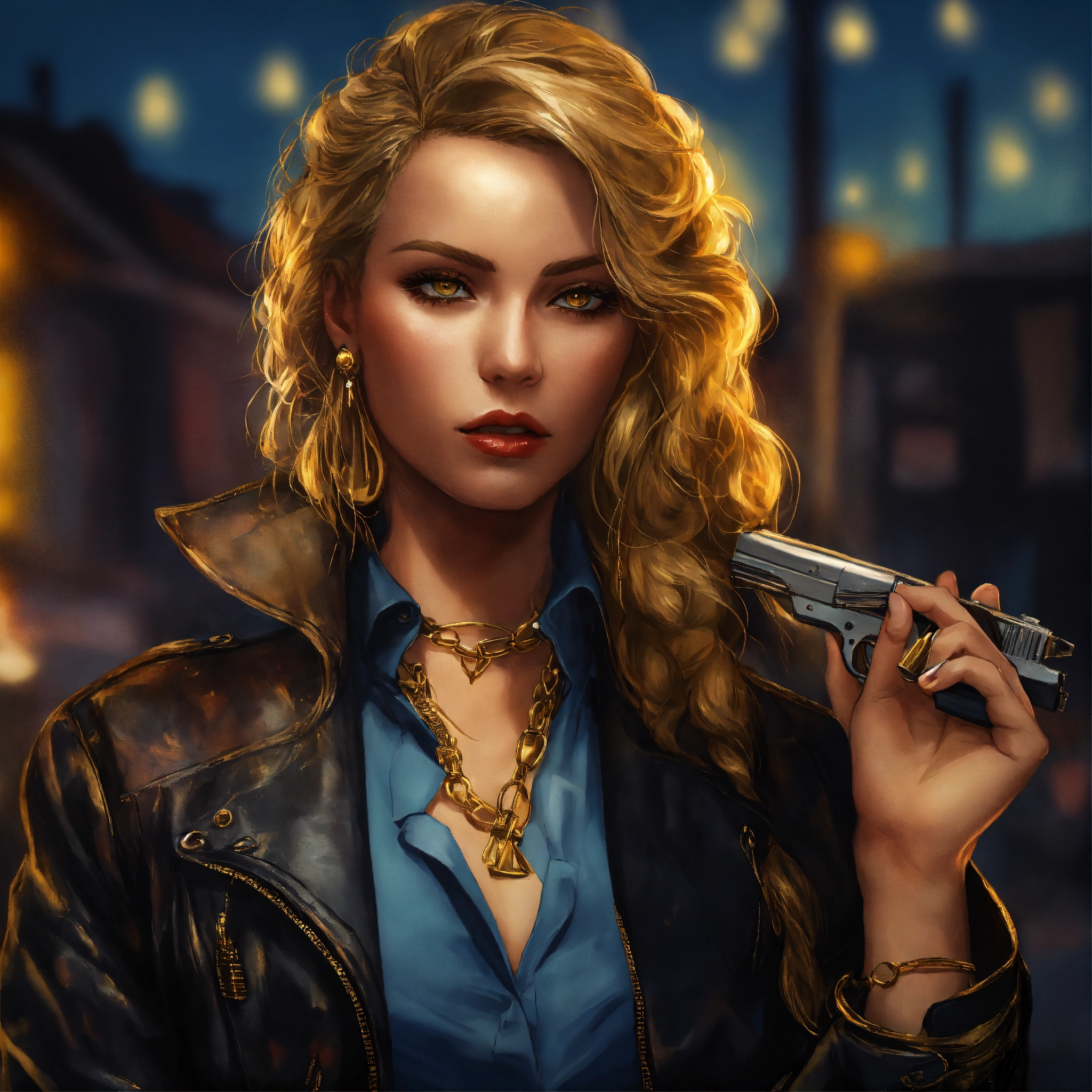 Lexica Mafia boss lady mit einer lederjacke und einer Goldkette, mit