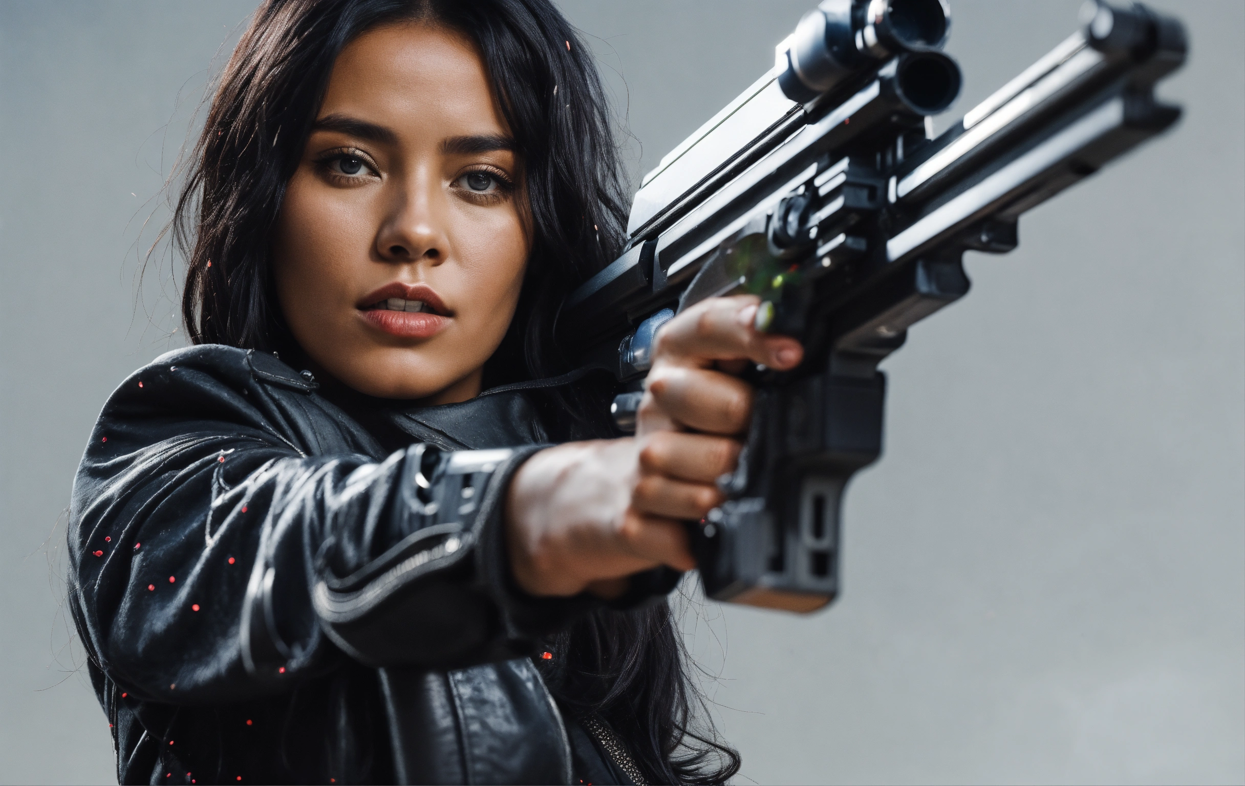 Lexica - Black hair european woman has a shooting gun in her hand in ...