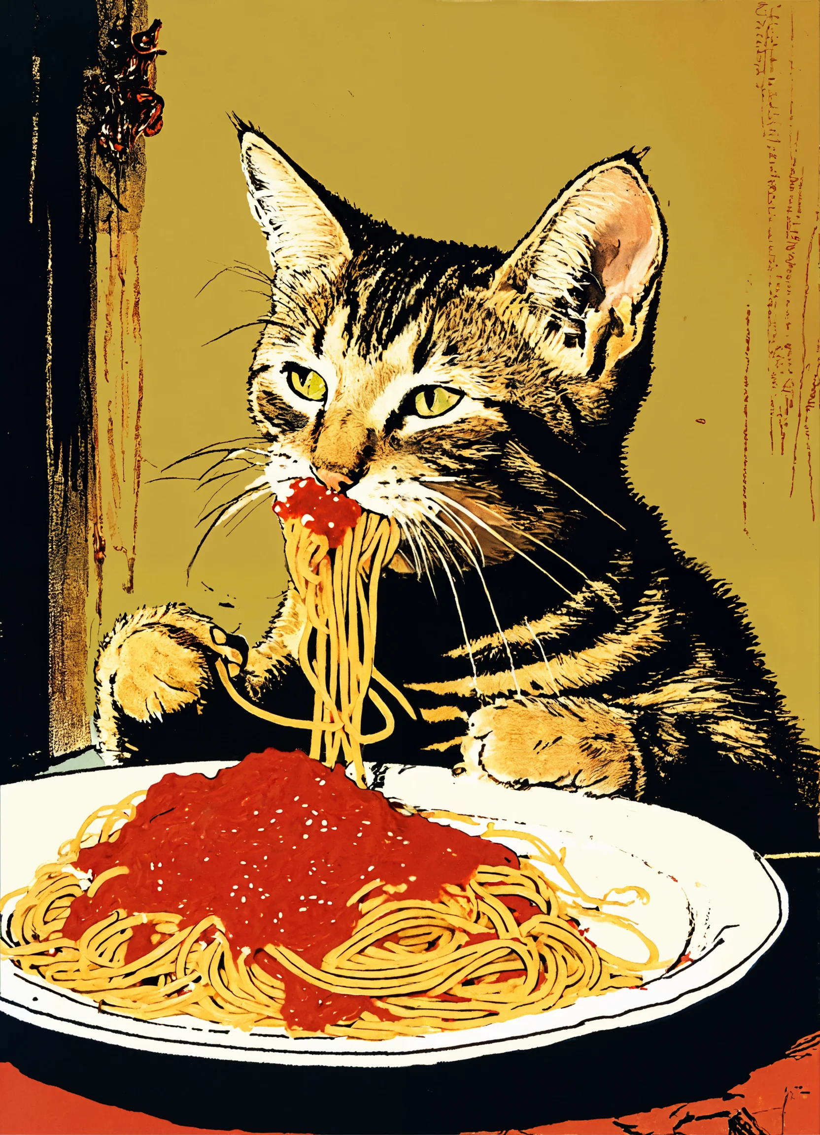 Lexica - A cute cat eating messy spaghetti with tomato sauce ...