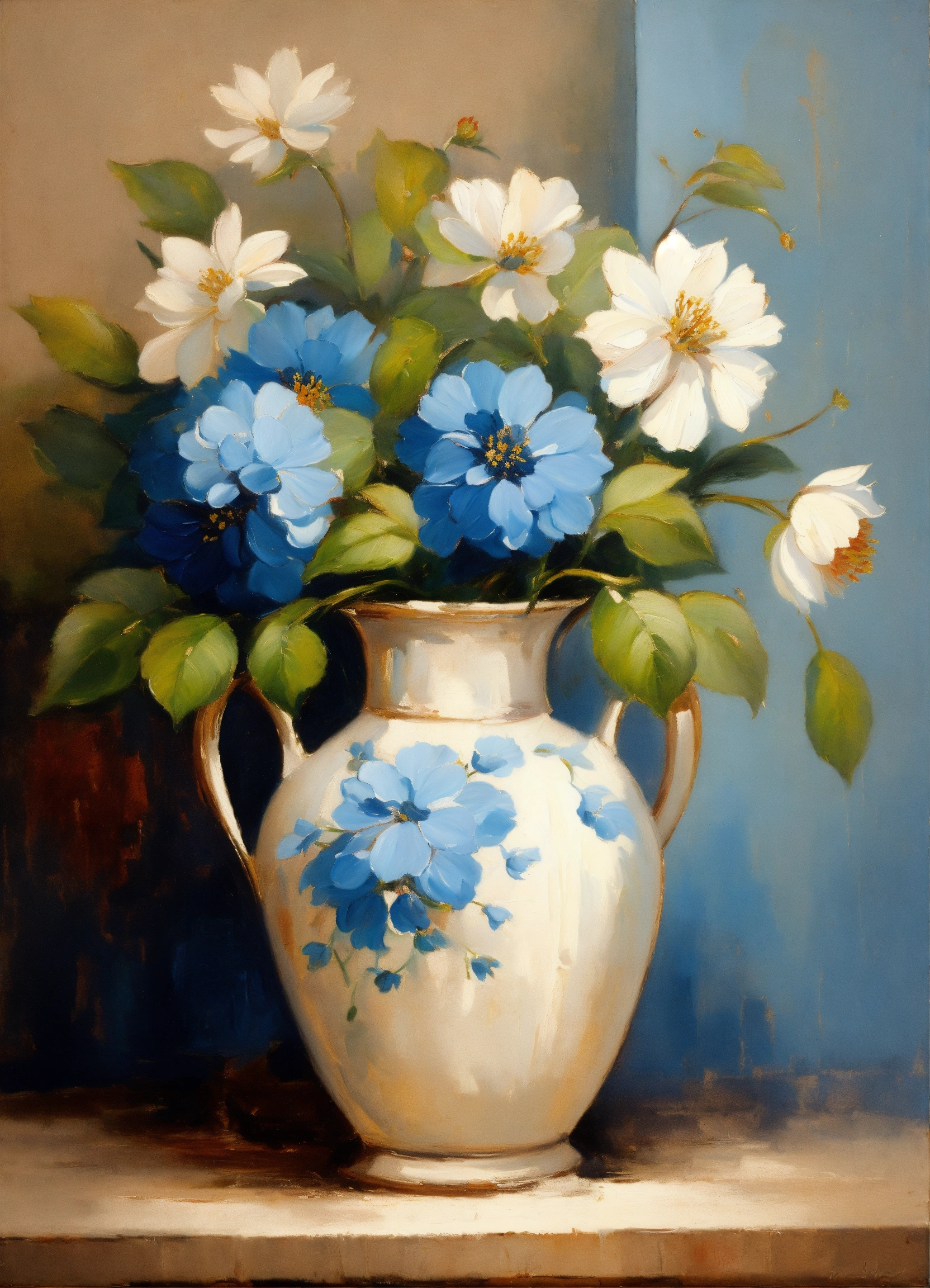 Lexica - French vintage oil painting of blue flowers white vase on soft ...