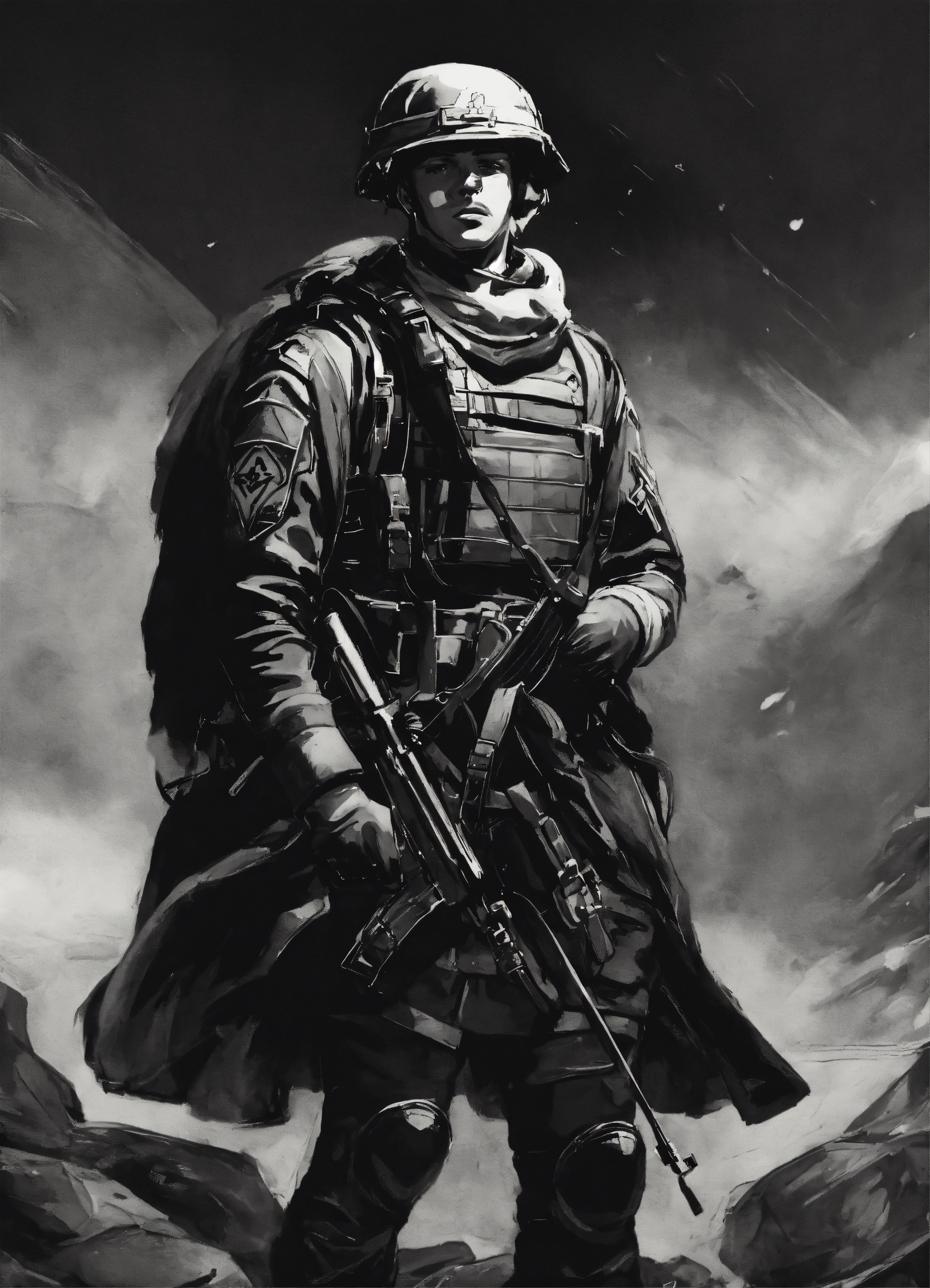 Lexica - A black and white illustration of a masculine soldier