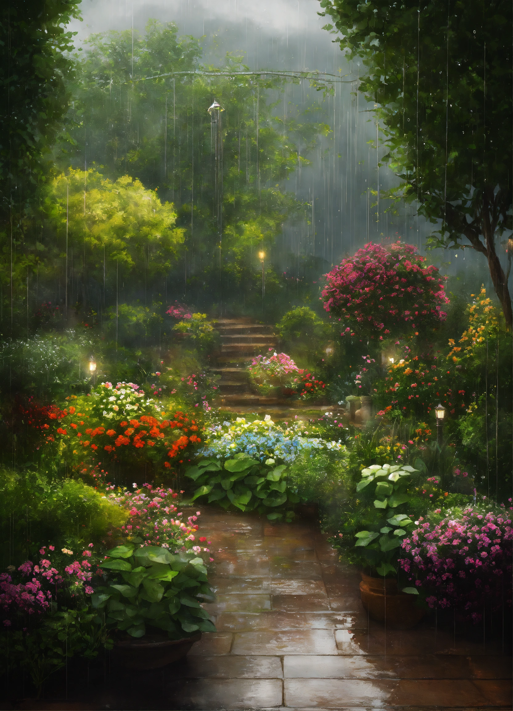 Lexica - Garden atmosphere raining. Realistic landscape