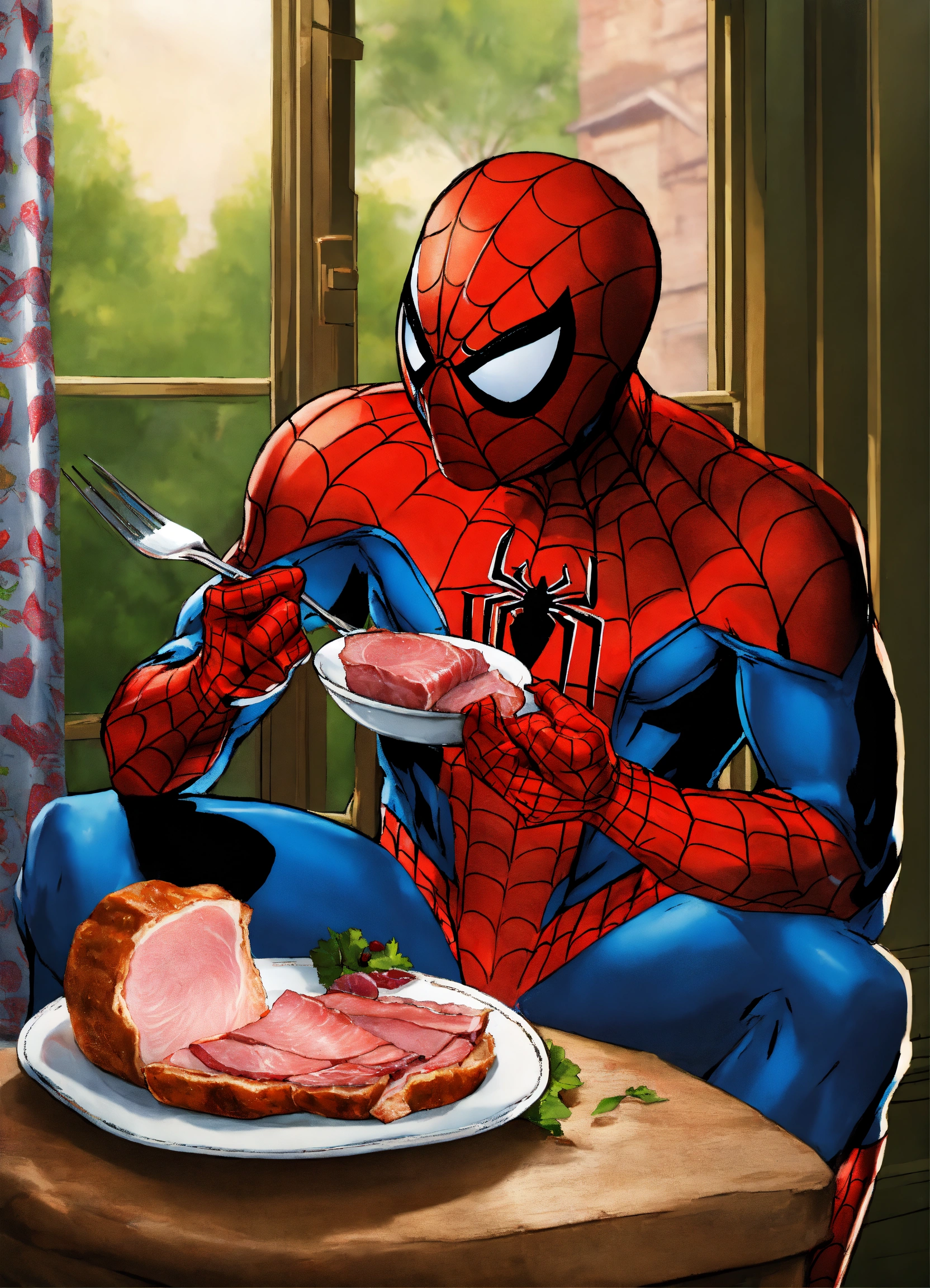 Lexica - Spiderman eats ham