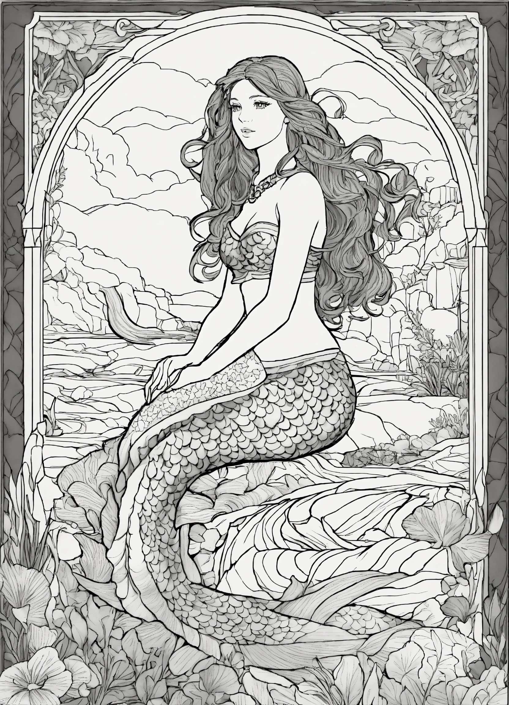 Lexica - Create an intricate and captivating uncolored mermaid ...