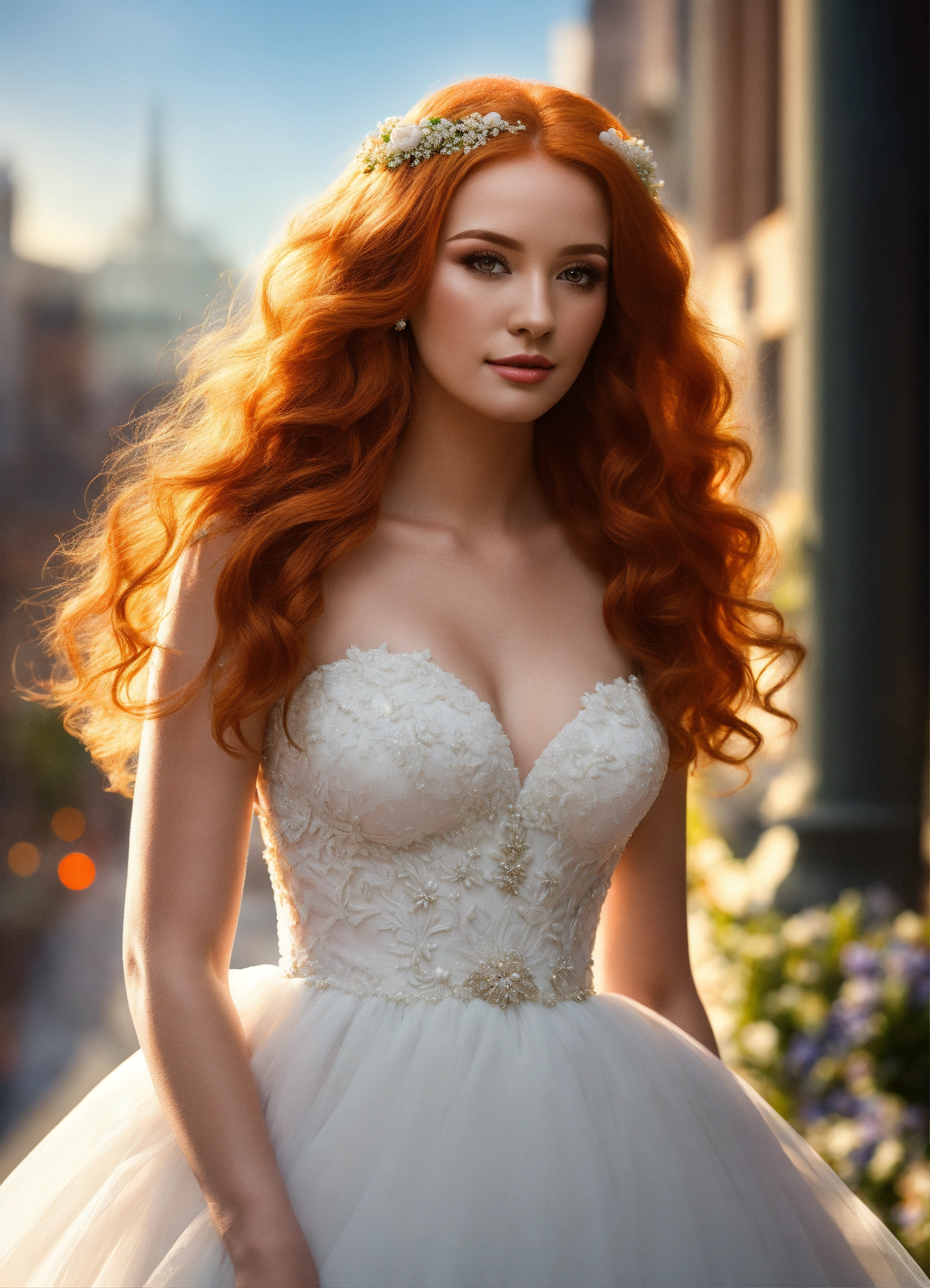 Lexica - Ginger bride, button nose full white gown, detailed,  hyperrealistic, Ultra High Definition (UHD), urban