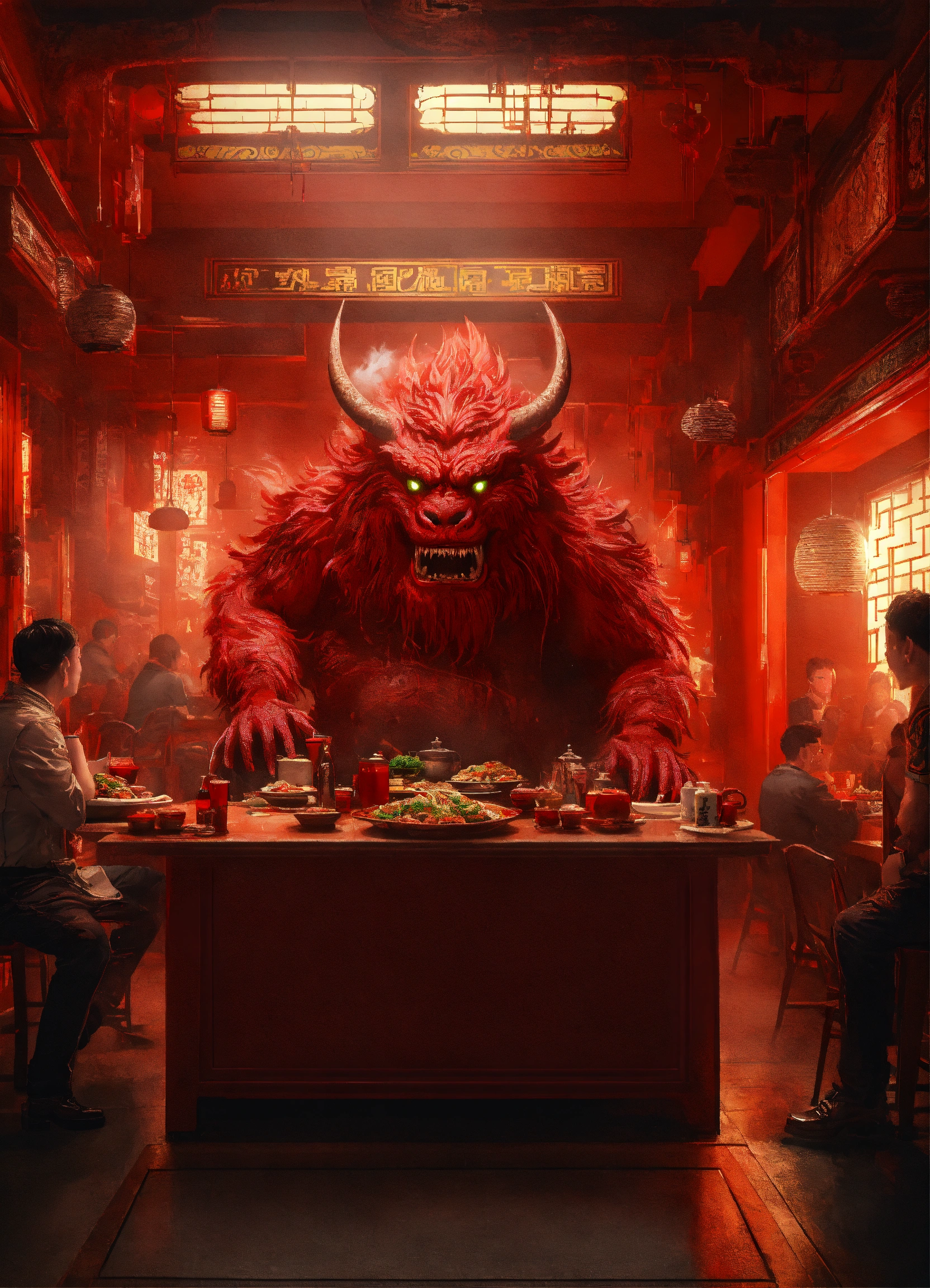 Lexica - A huge red chinese monster is sitting in front of a kitchen ...