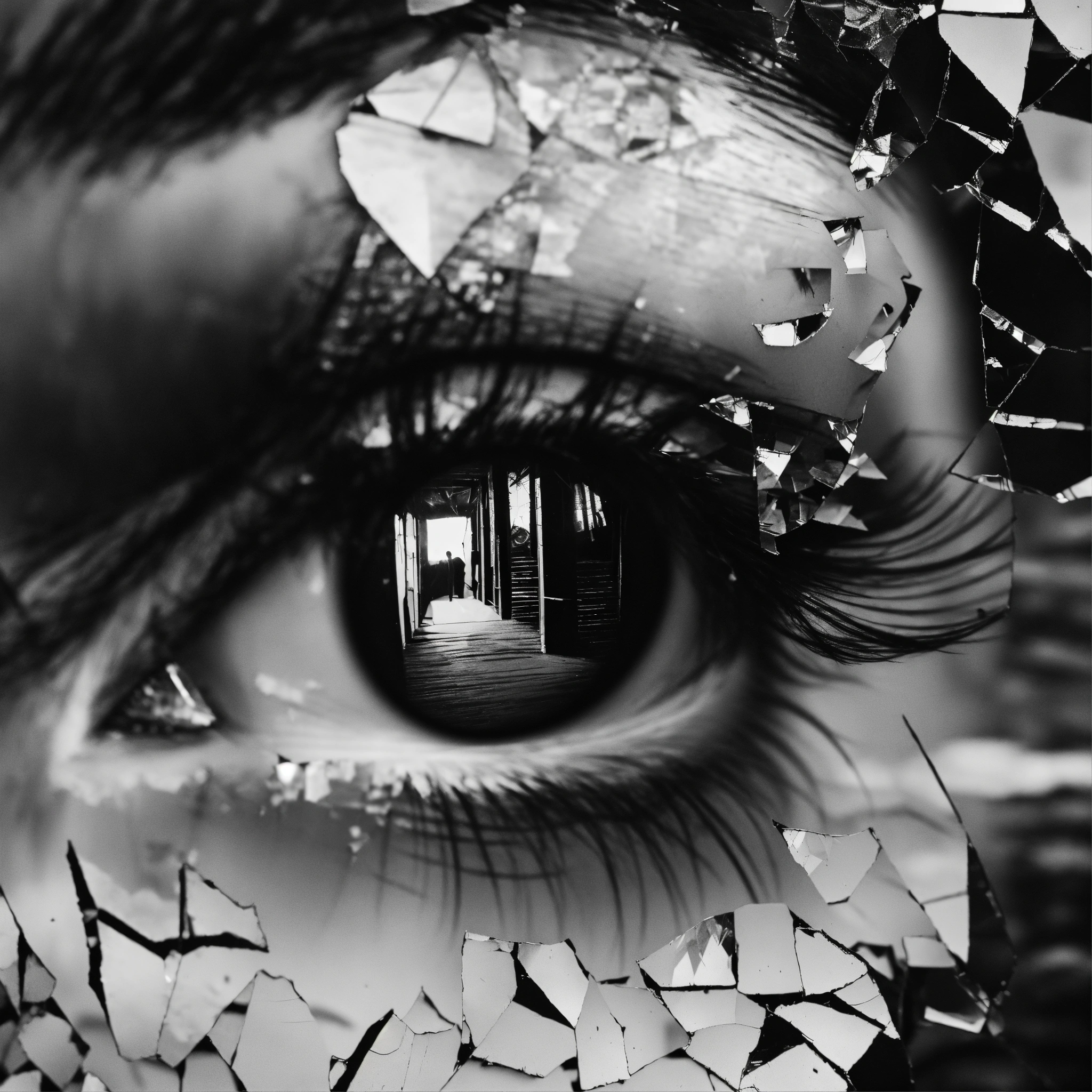Lexica Double exposure photo, featuring eye, shattered mirror effect