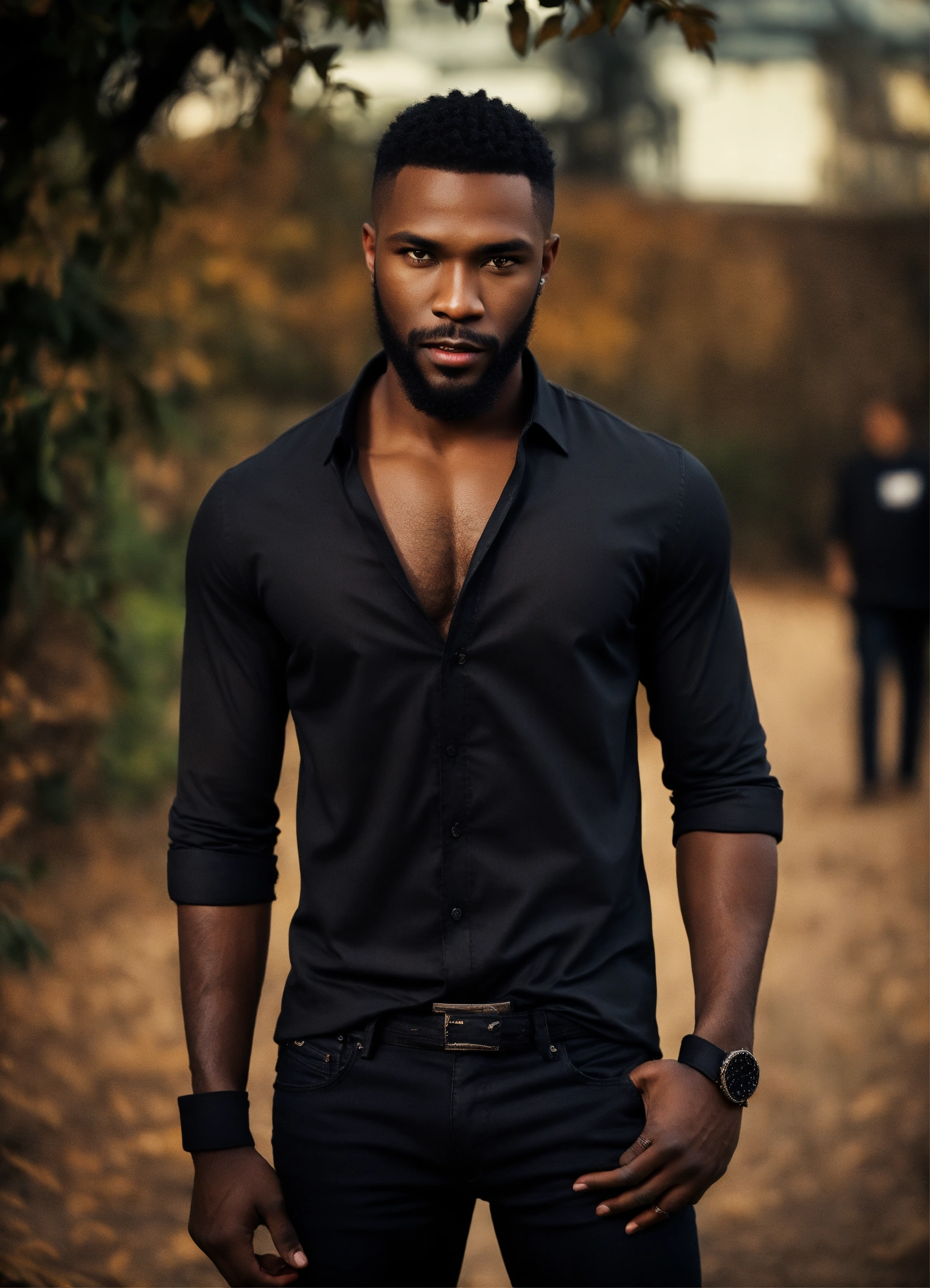 Lexica - Handsome black male, vampire red eyes, beard, dark skin, black  jeans, black shirt