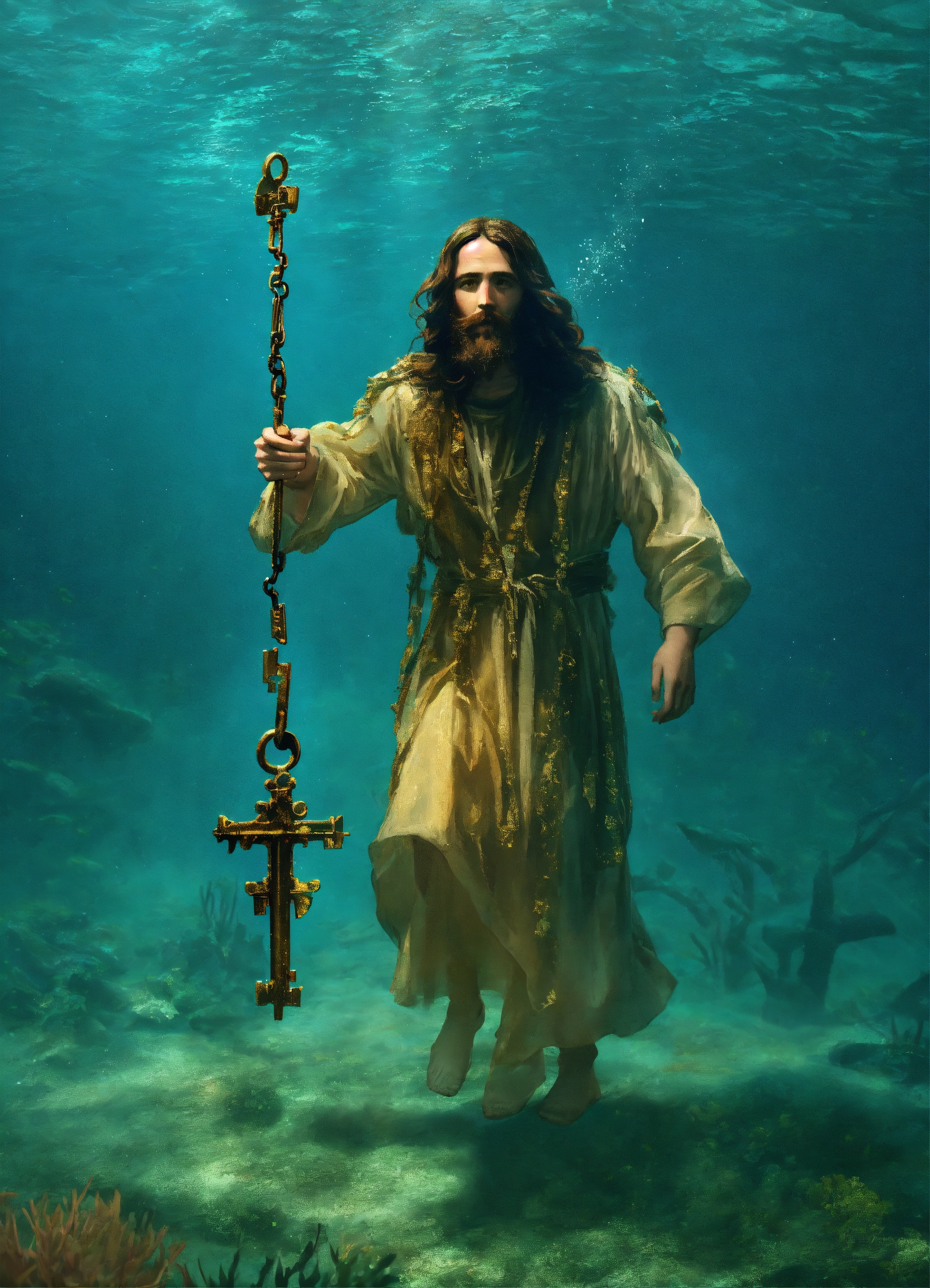 Lexica - Jesus christ underwater holding a skeleton key