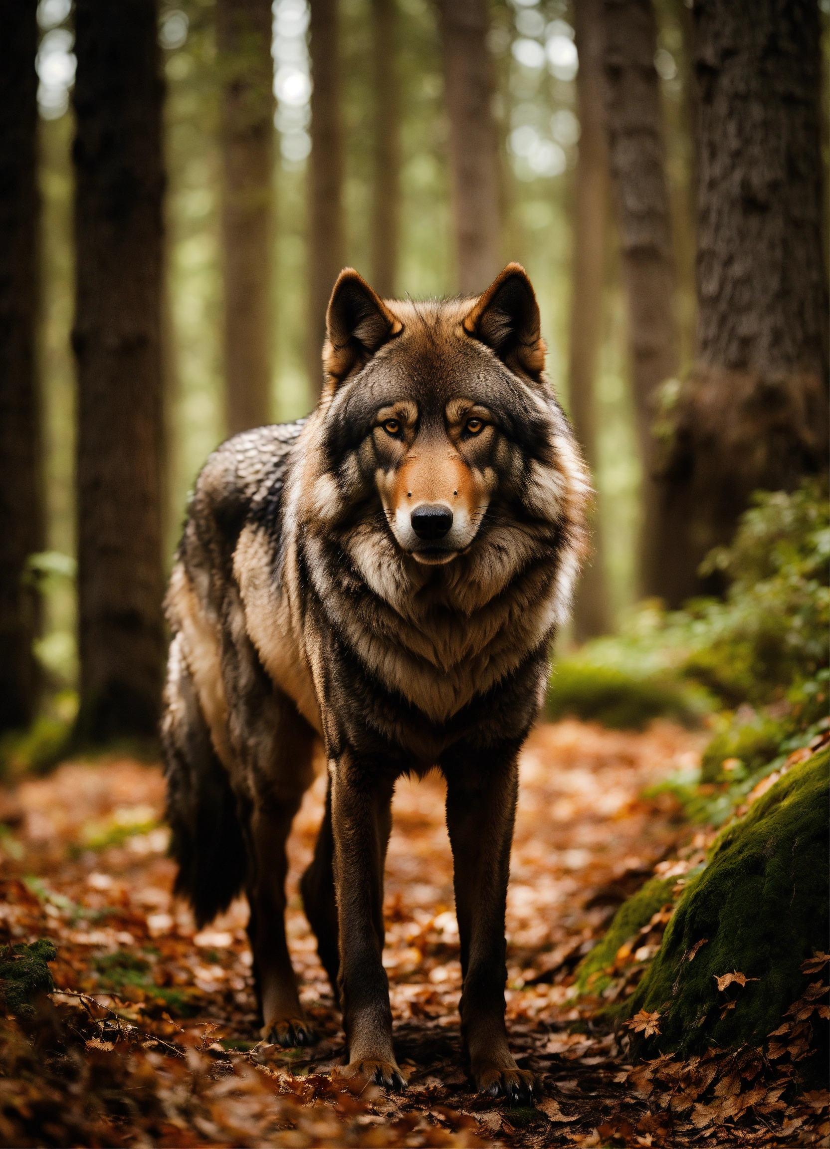 Lexica - Massive brown fur wolf, in the woods