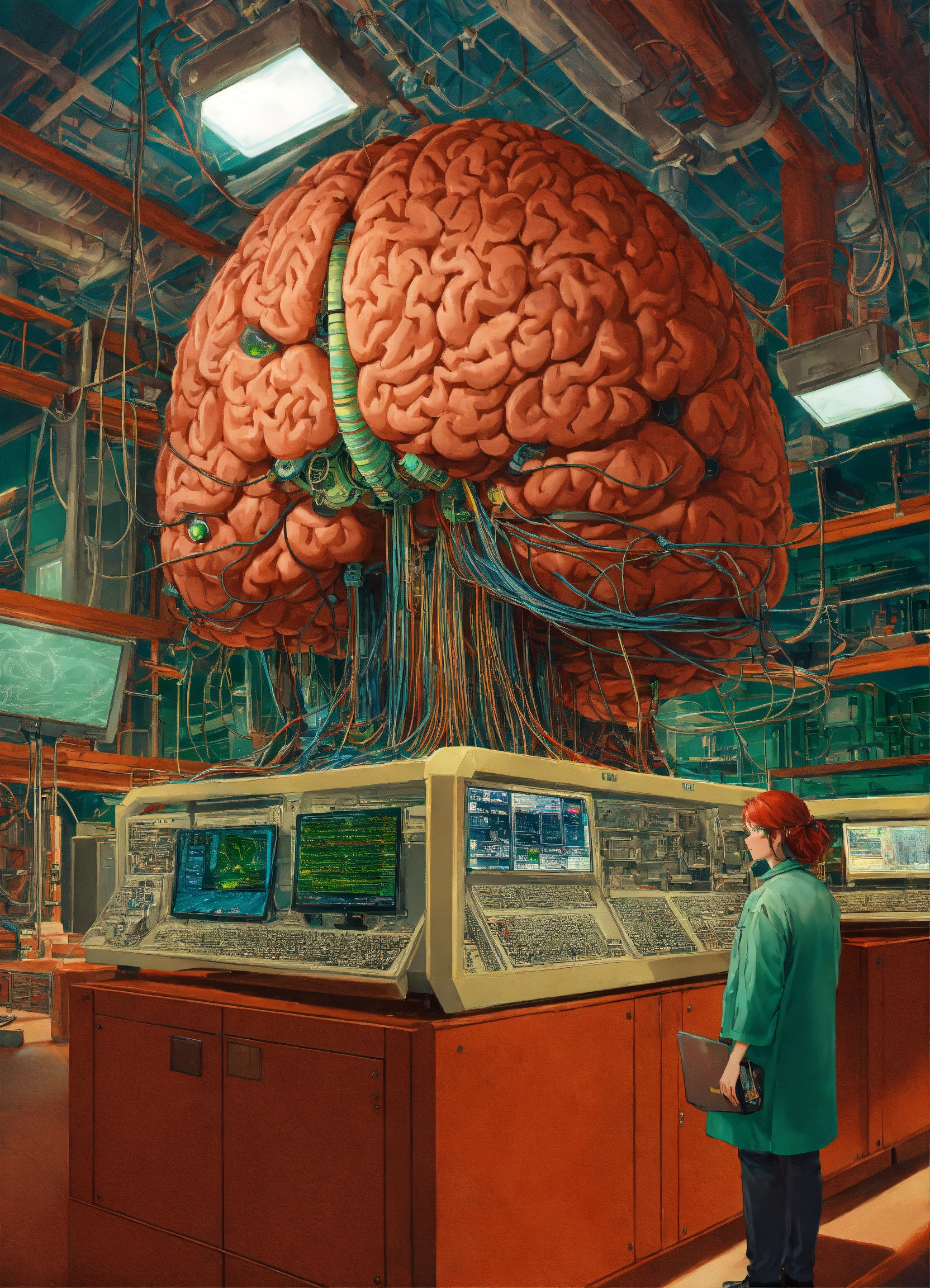 Lexica - In the center of the room, a colossal human brain is ...