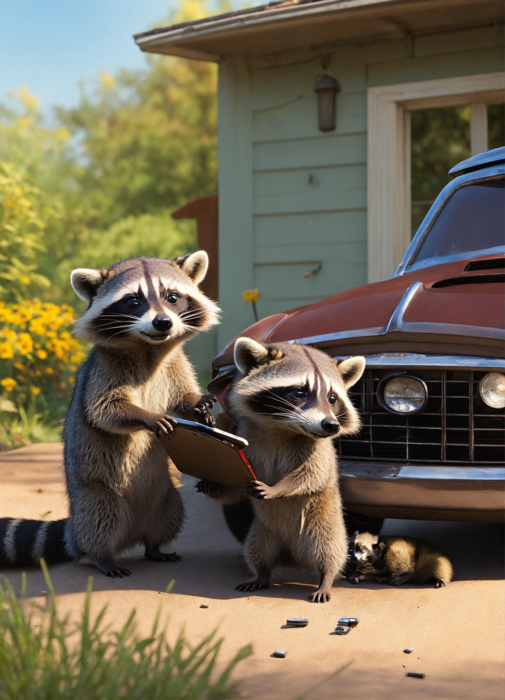 Lexica - A raccoon father teaching a raccoon son how to fix a car, life ...