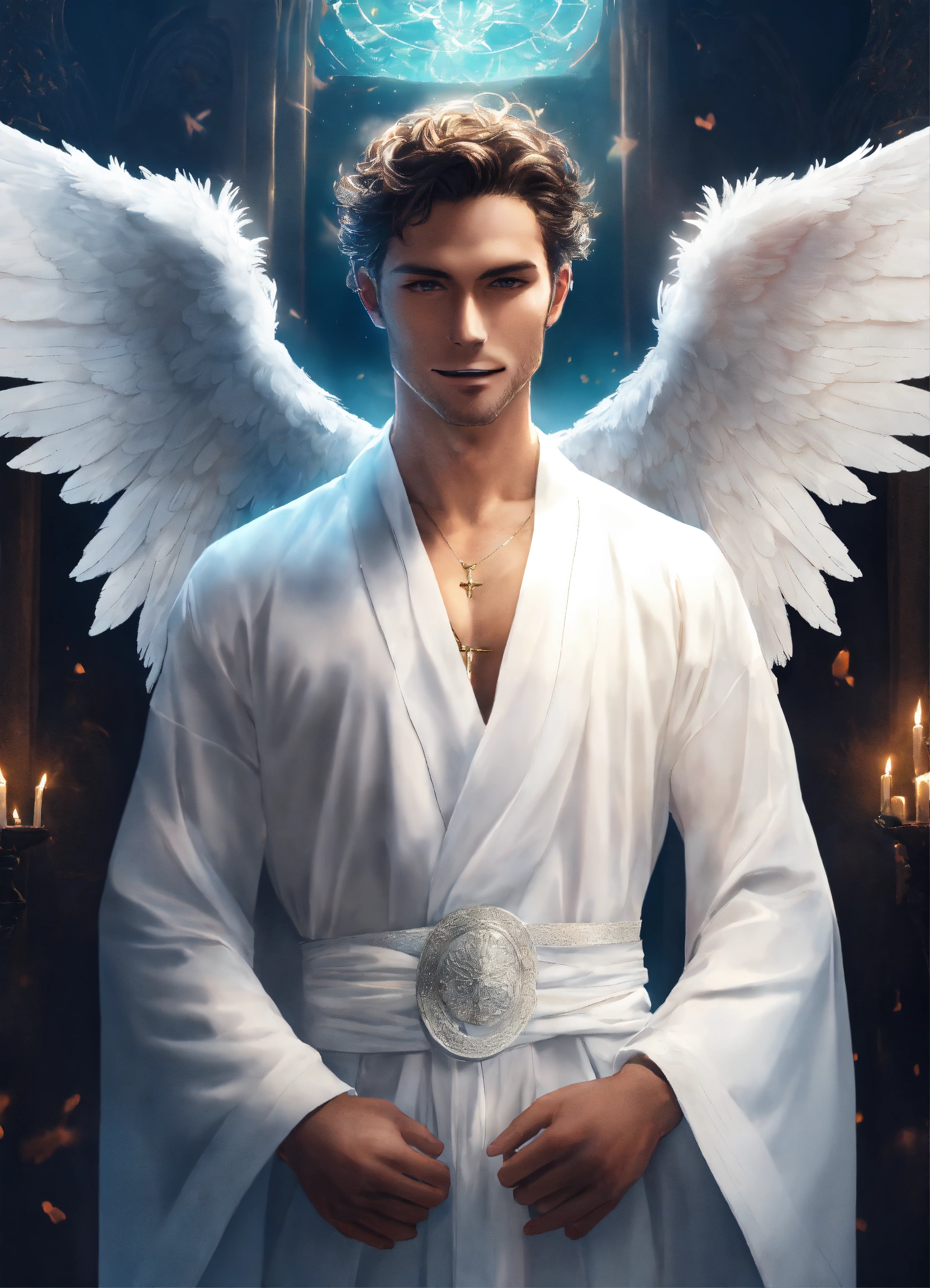 Lexica - Male angel with an evil grin, white wings, white robes ...