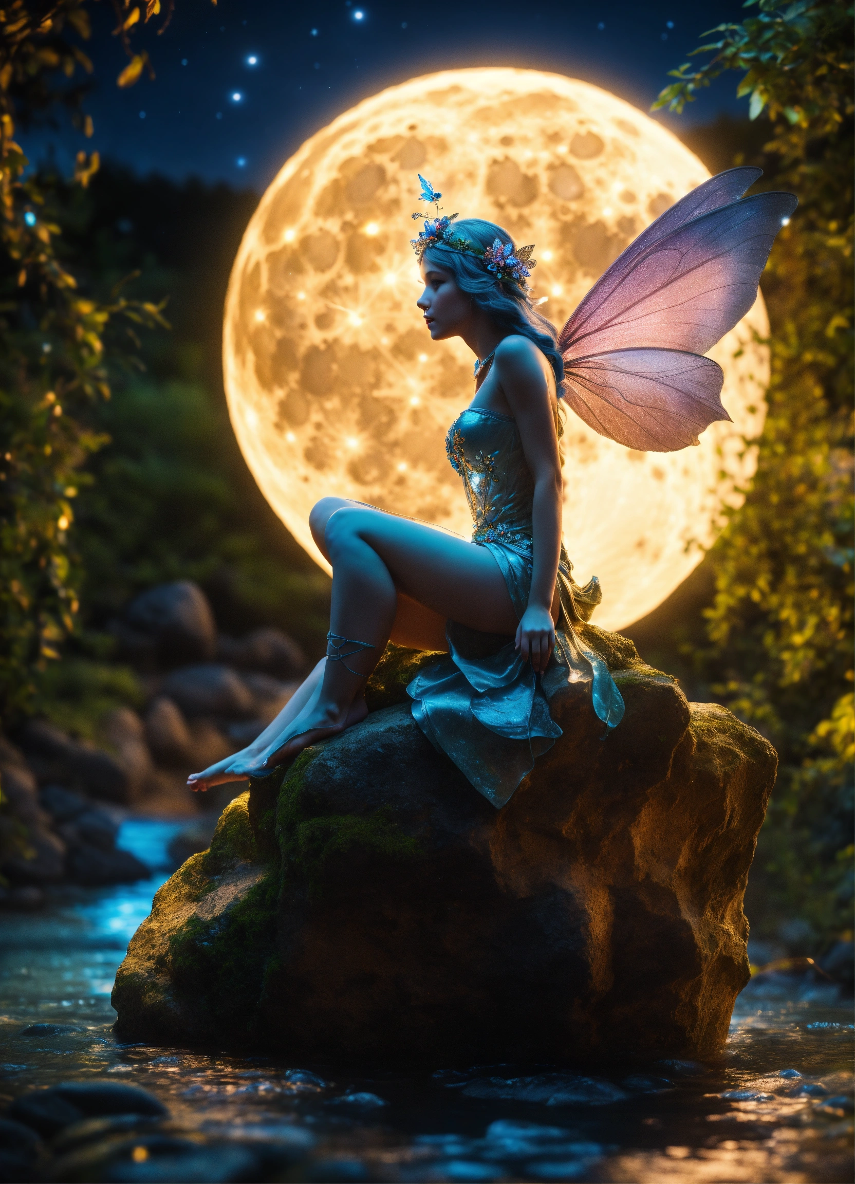 Lexica - A beautiful fairy sitting on a rock in the moon light a stream ...