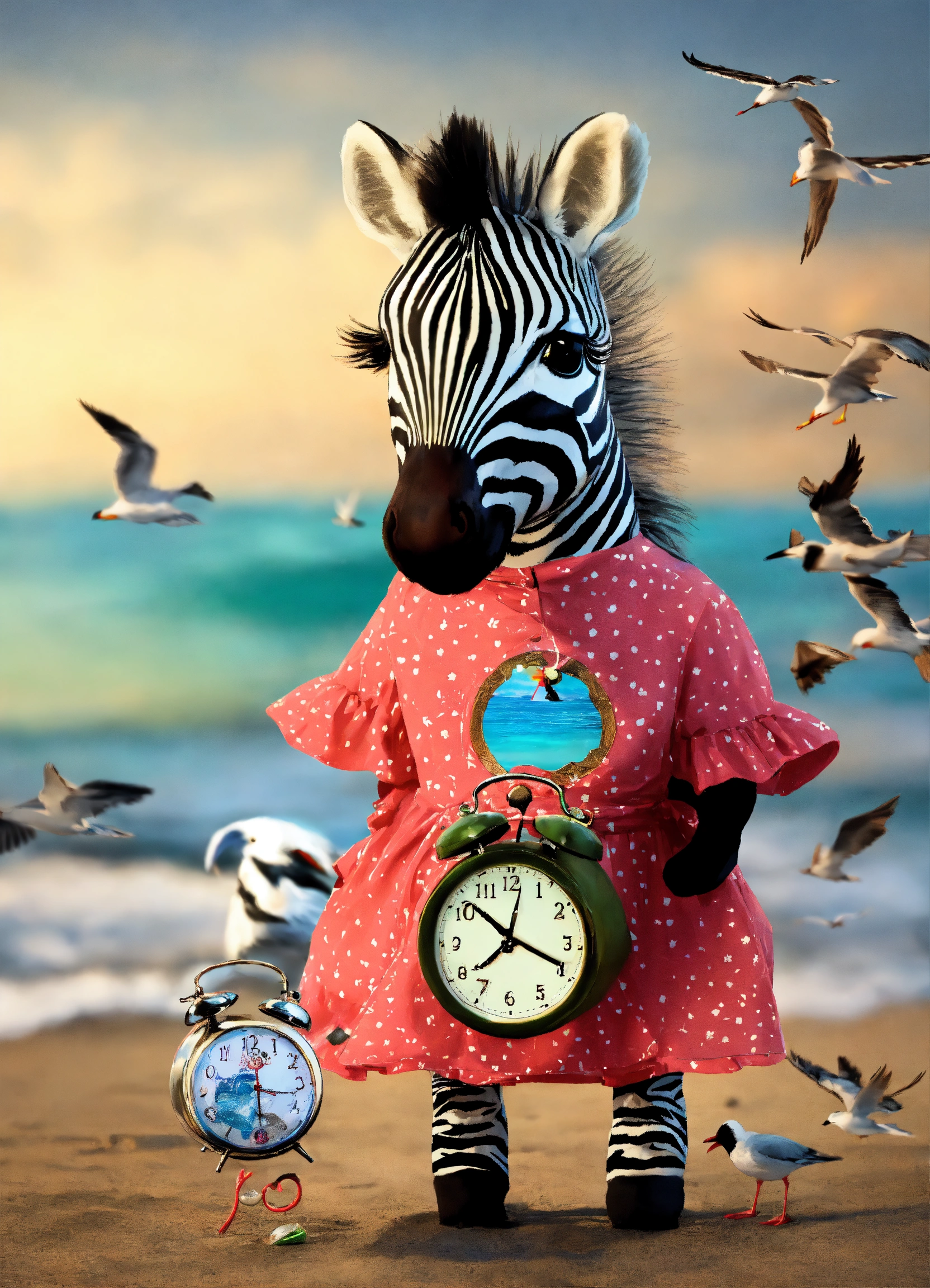 Lexica - Cute baby zebra in a dress, looking at the clock, what time is ...