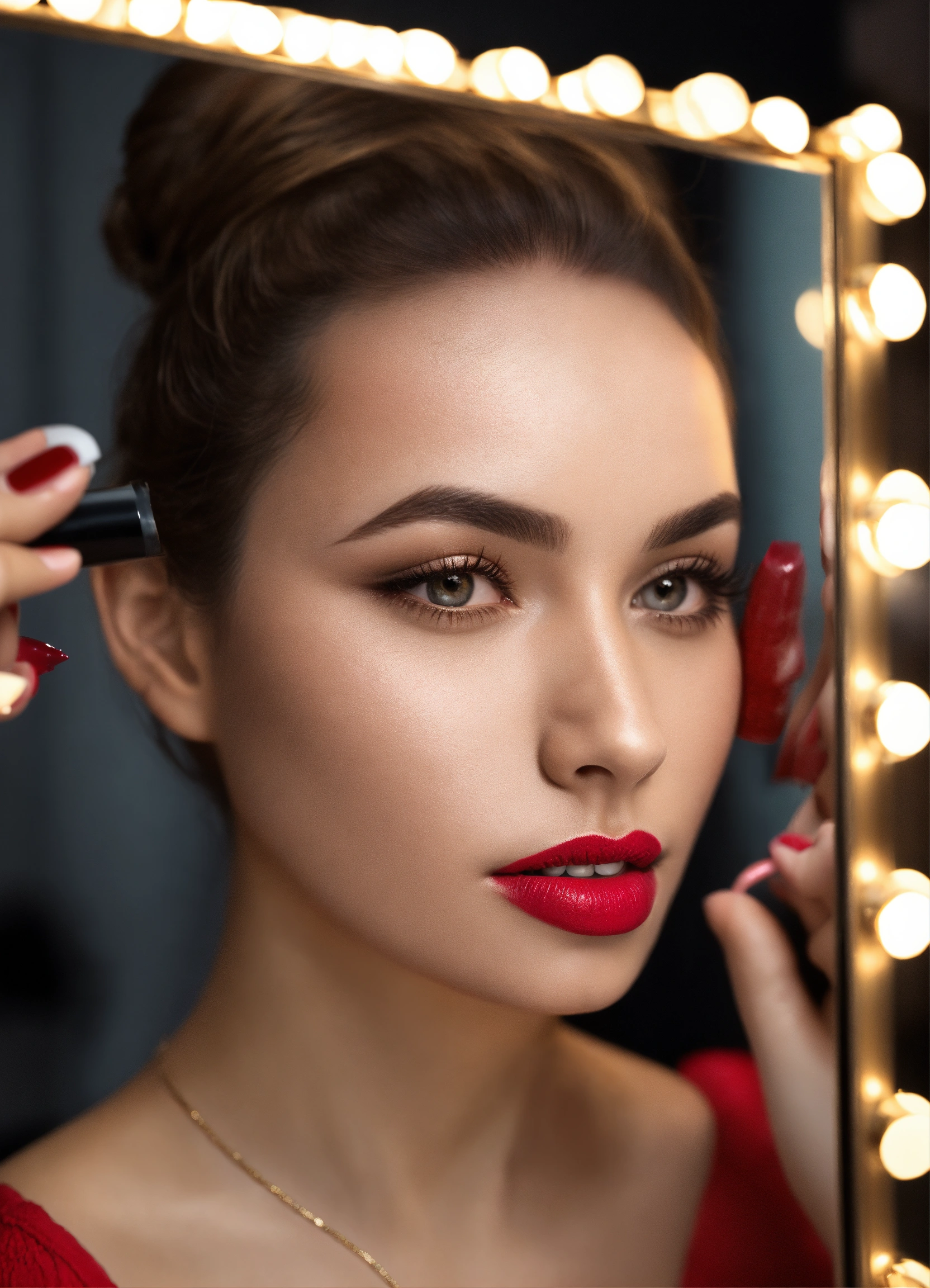 Lexica - Woman looking at the mirror putting lipstick, eyes on camera ...