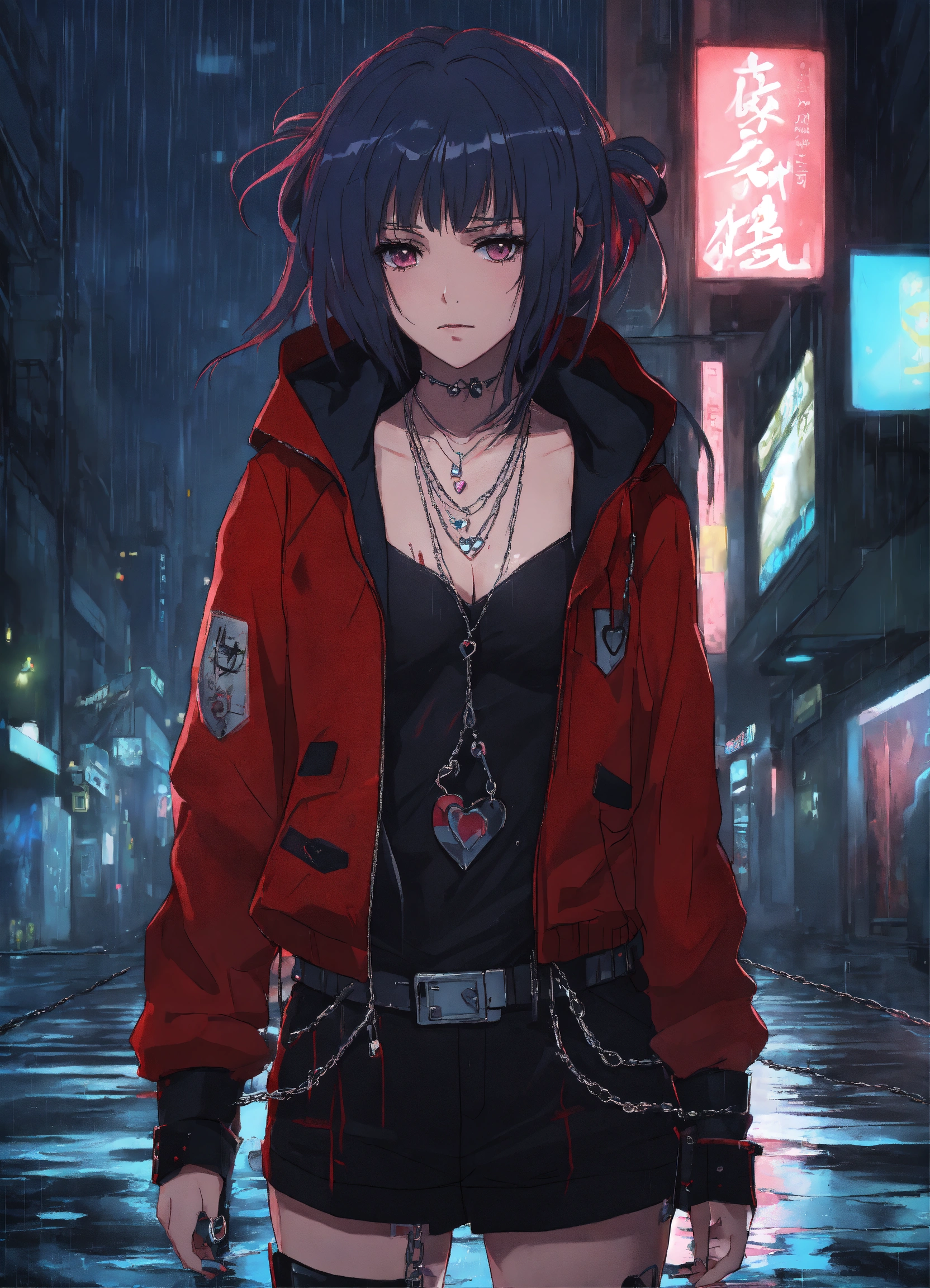 Lexica - Cyberpunk city heart broken gothic girl with hair standing in the  middle of the street while it is a rainy dark night anime style studio  ghi...