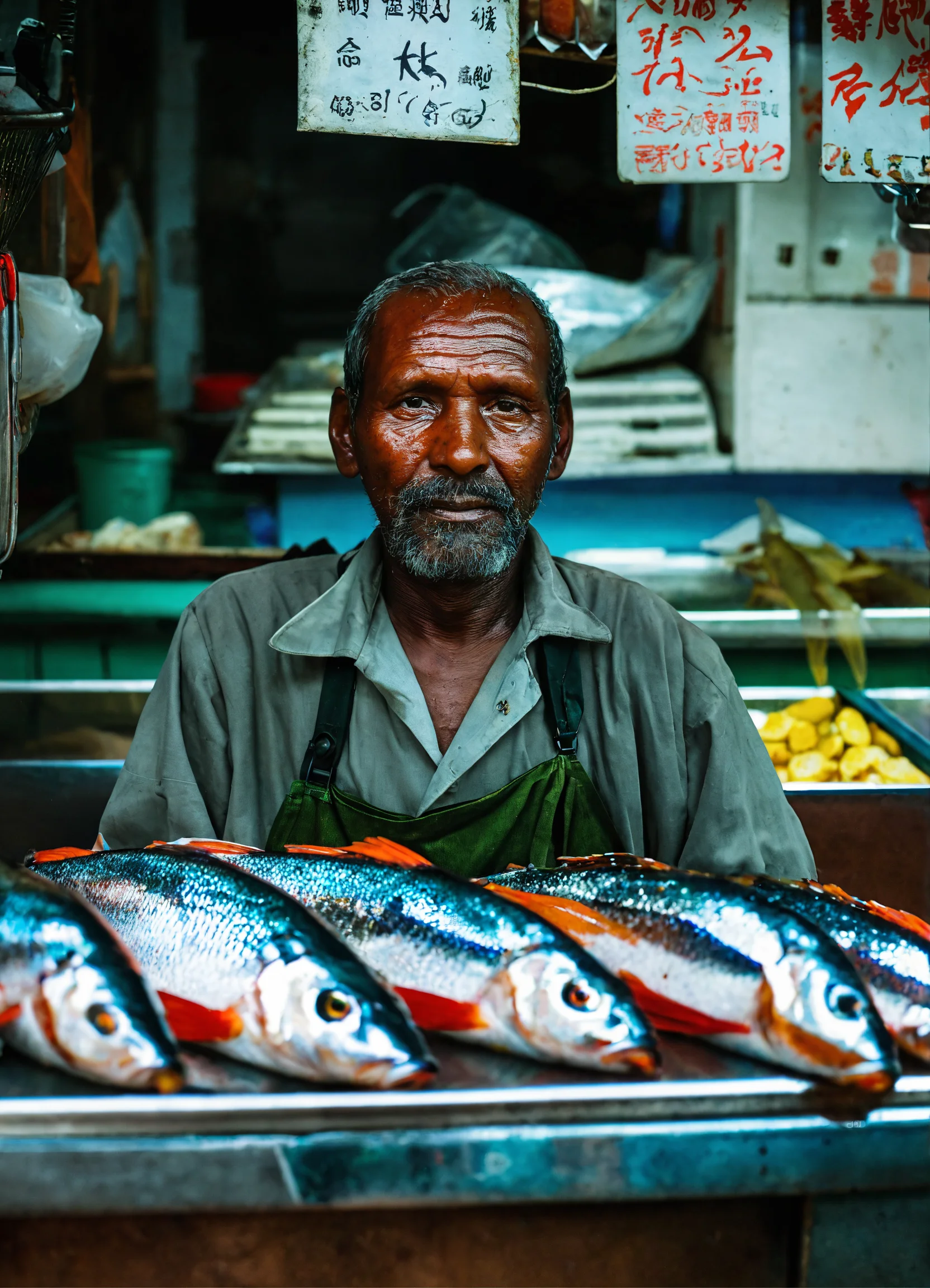 Lexica - Fish seller, behind his counter, looking at the camera