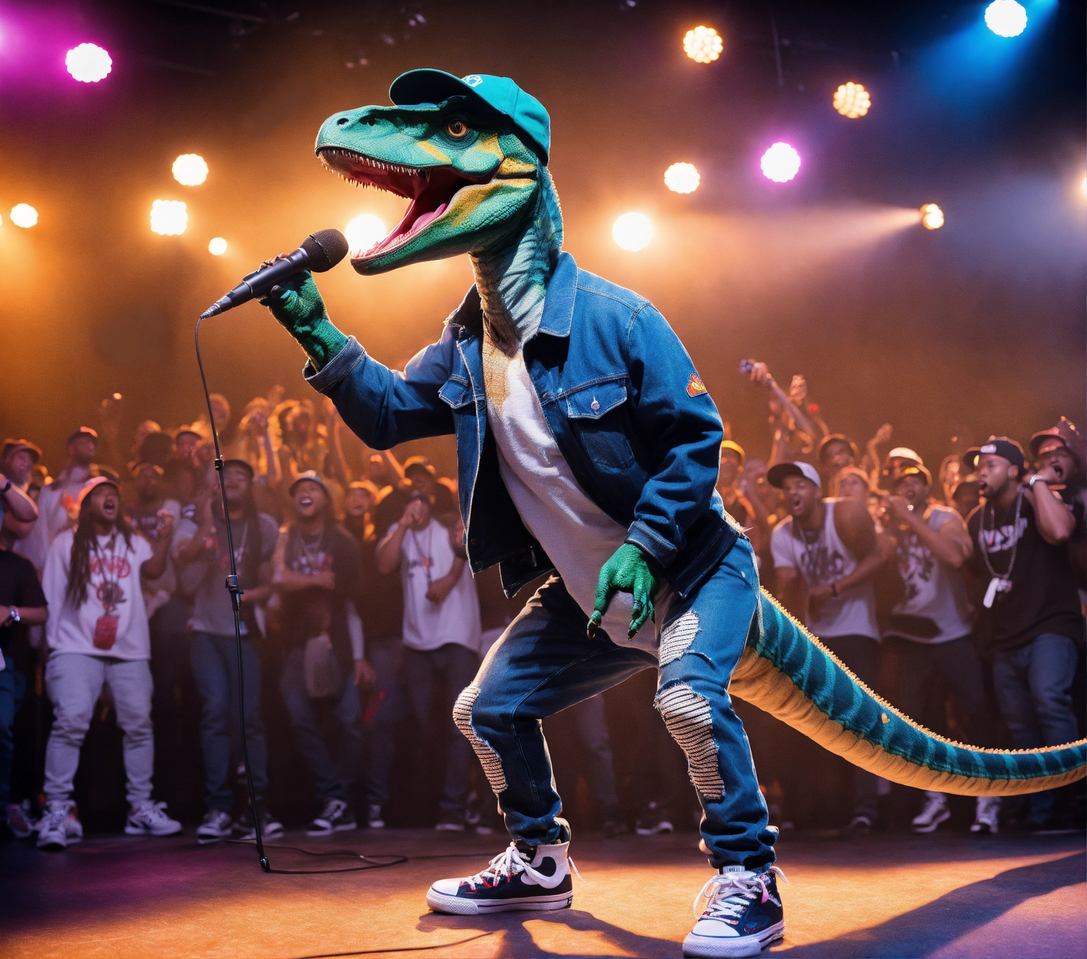 Lexica - A velociraptor dinosaur is a rap star, extremely stylish in ...