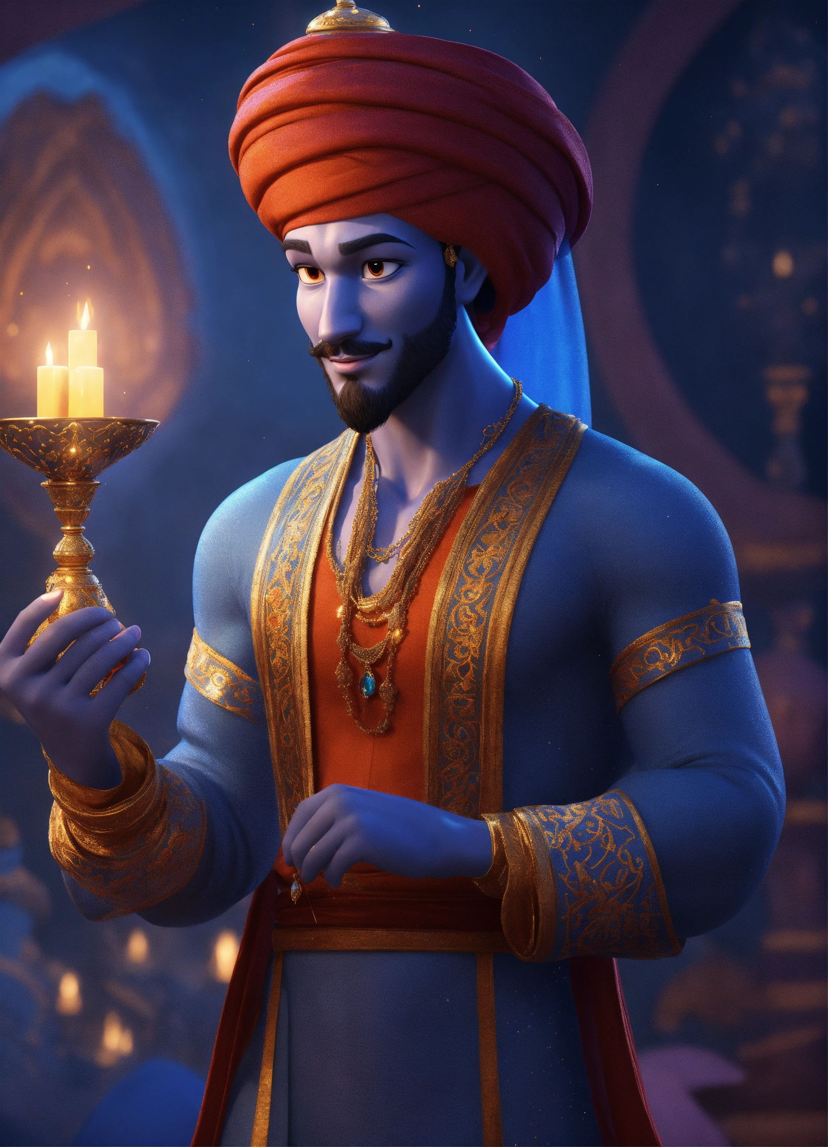 Lexica - Create a 3D rendering of a magical blue Arabian male genie ...