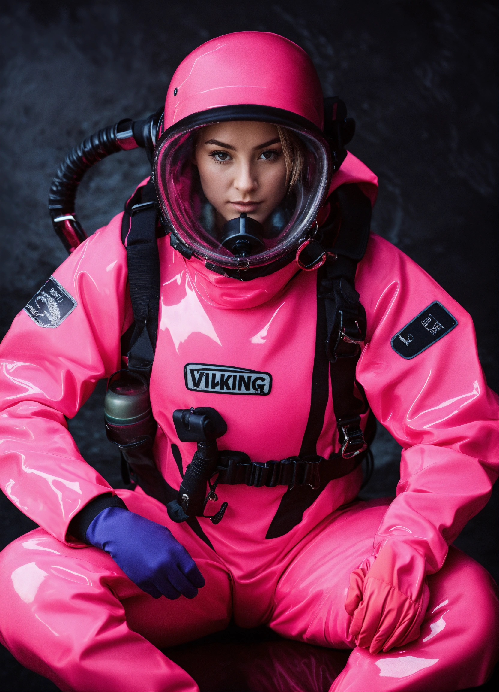 Lexica - Female diver in pink glossy viking drysuit