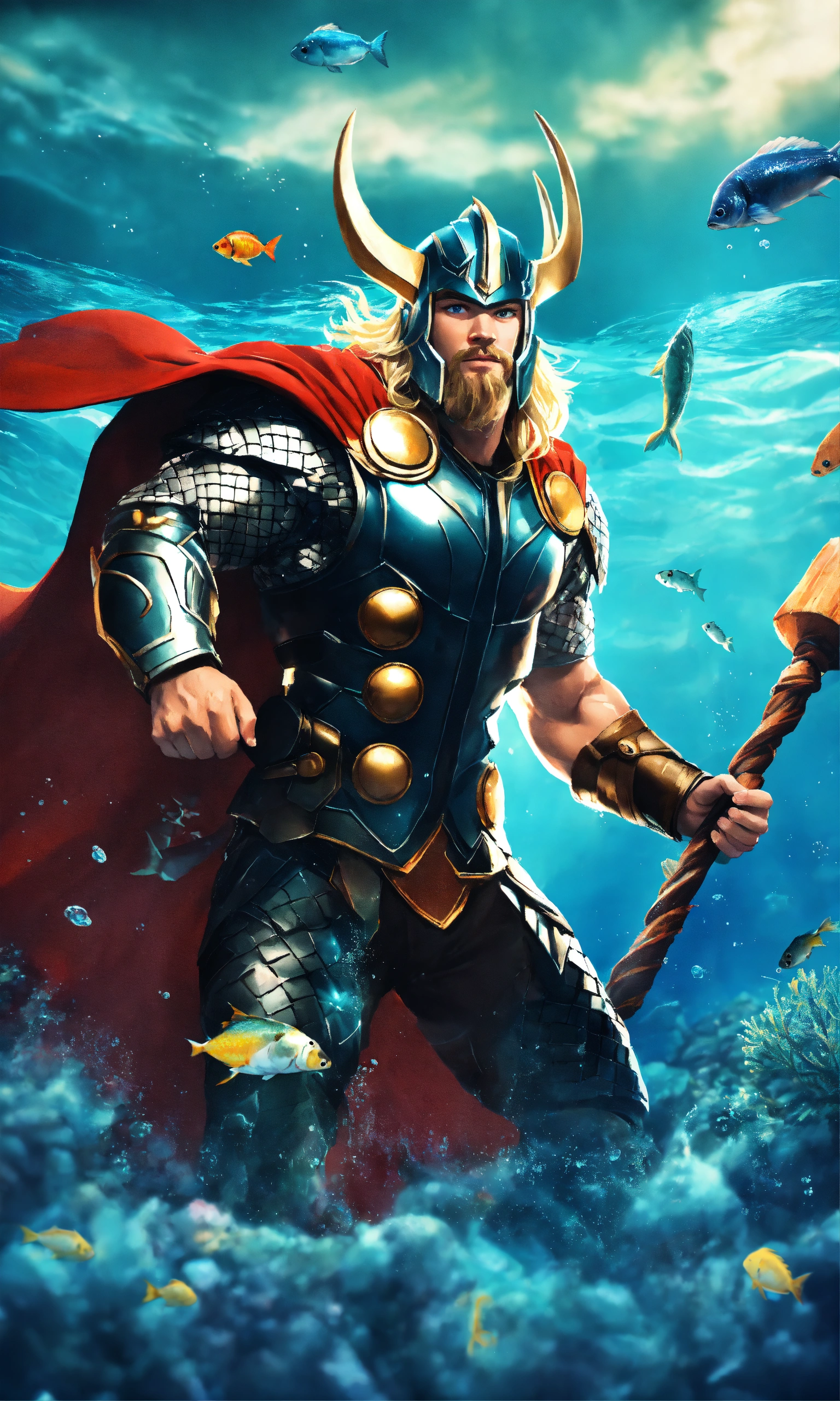 Lexica - Thor with fish underwater in the ocean, nature background, 2D ...