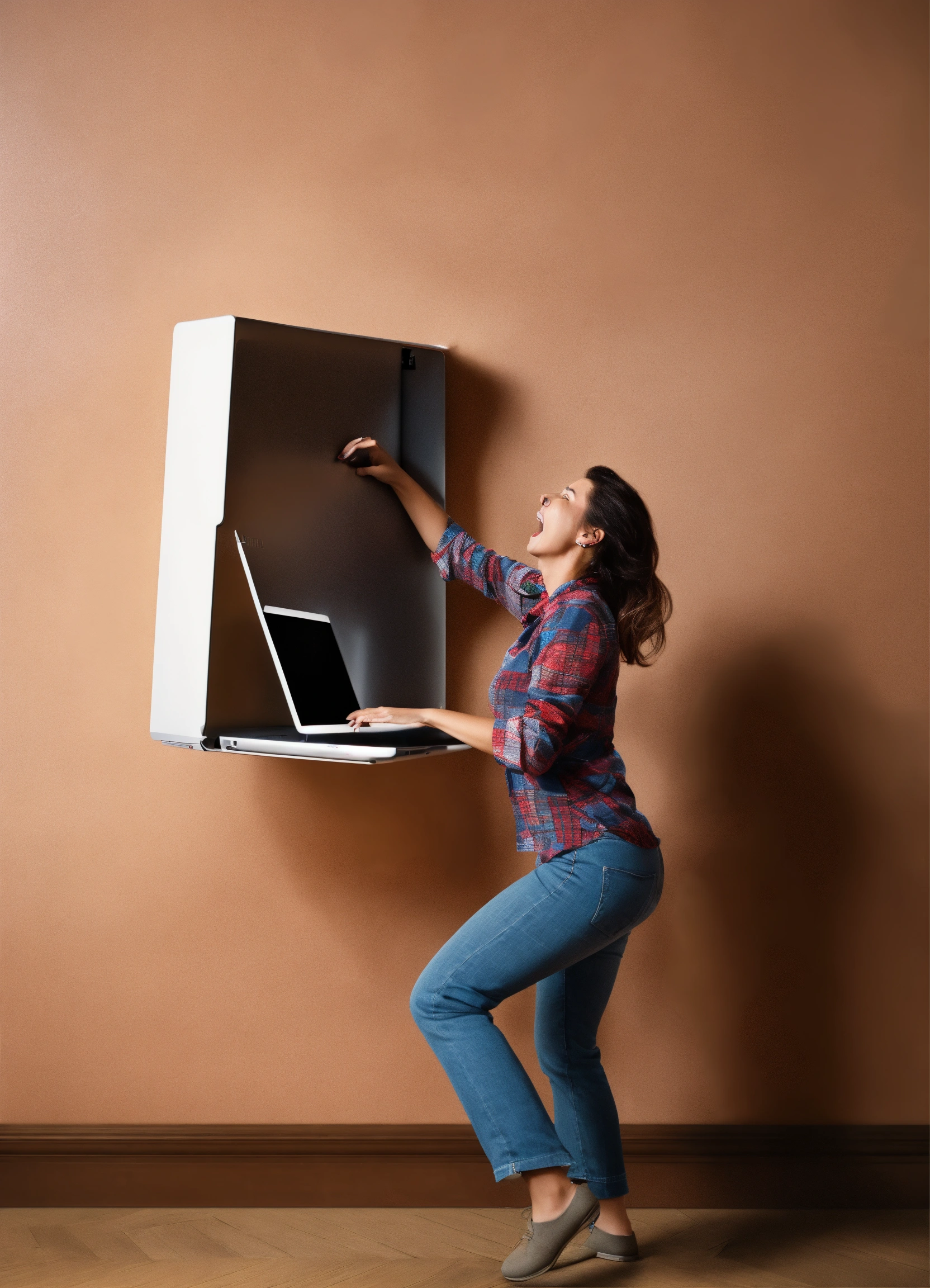 Lexica - Photorealistic image of a woman throwing her laptop into a ...