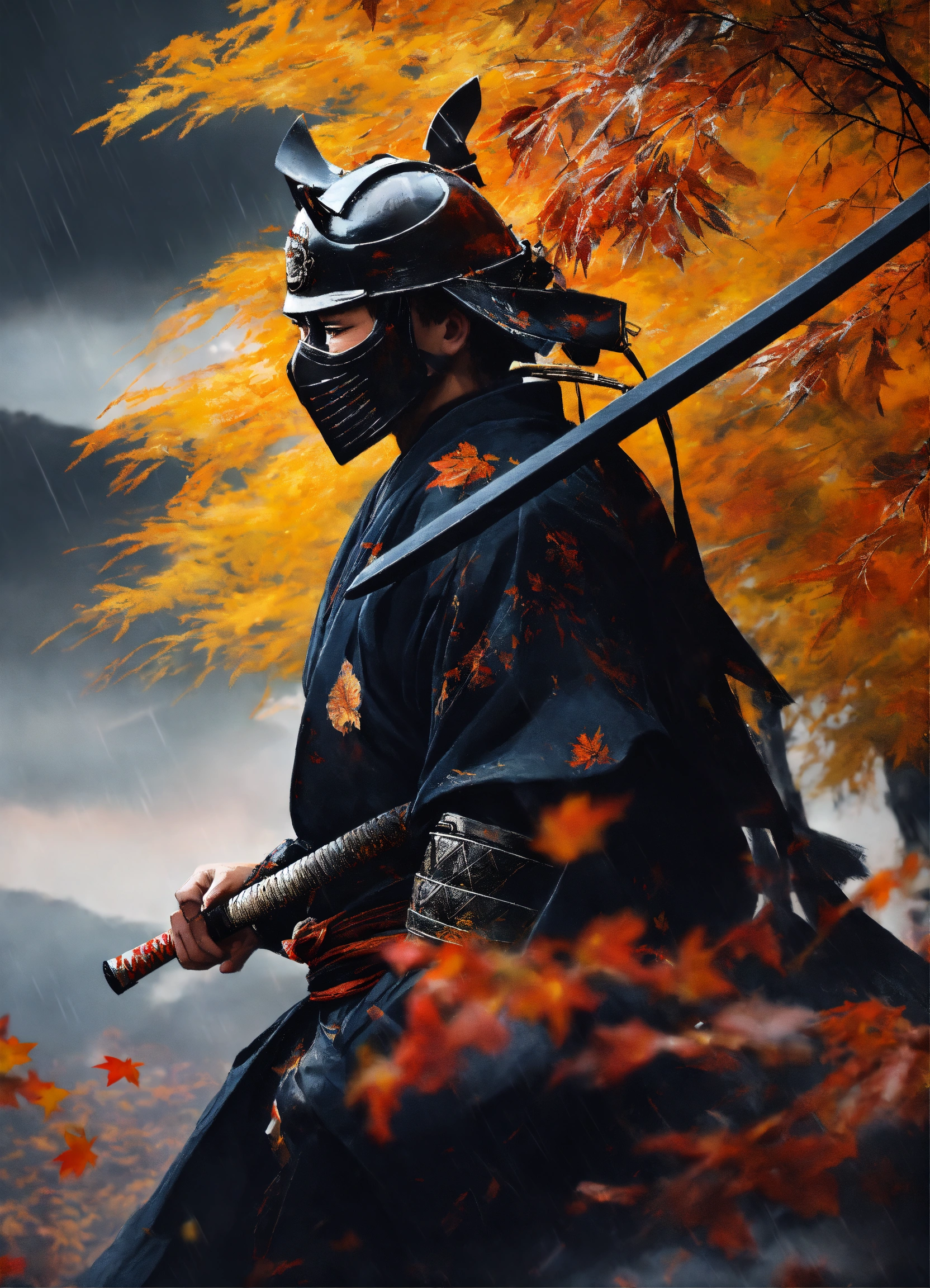 Lexica - Abstract art. Samurai with black mask. Autumn storm.
