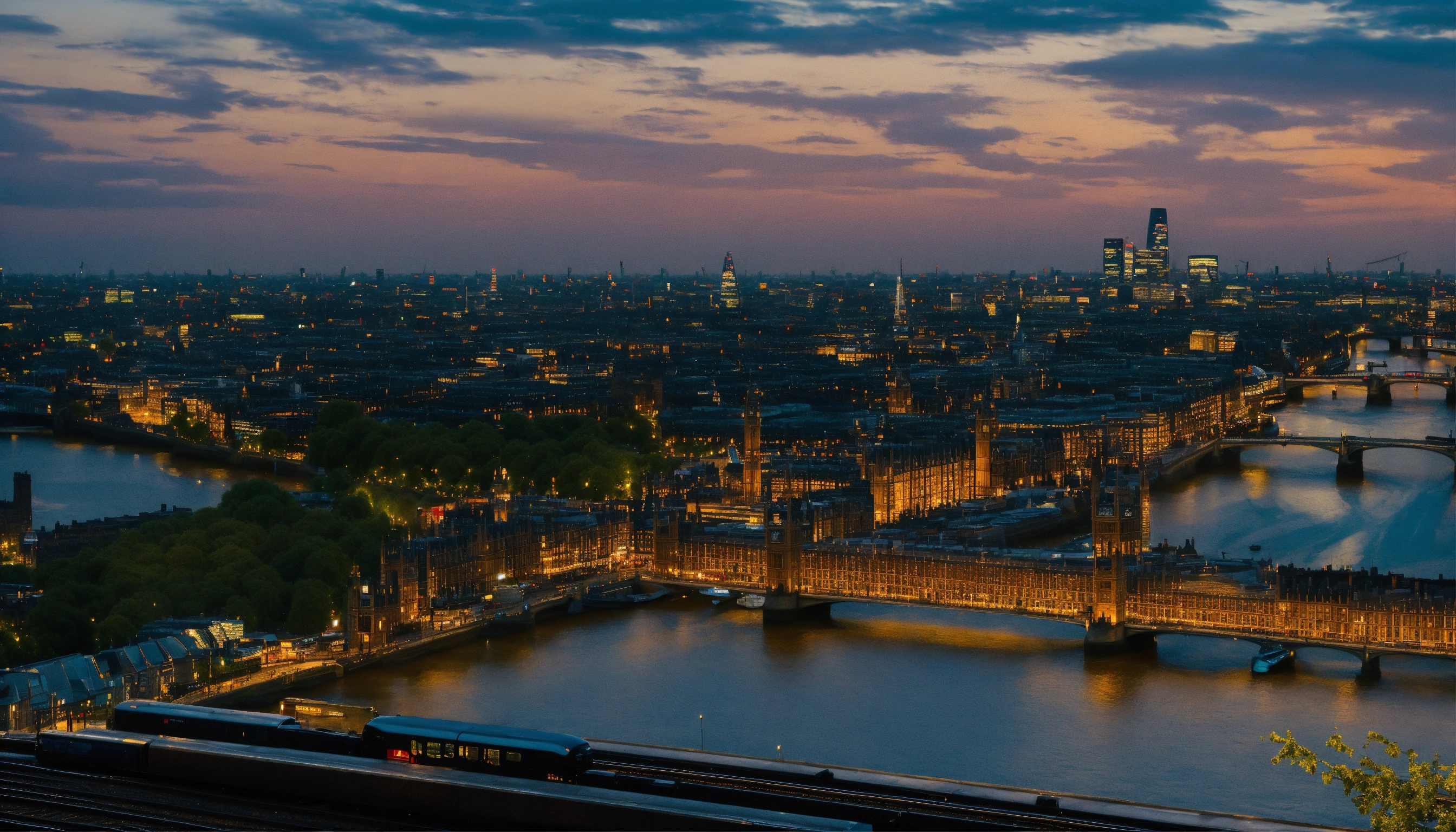 Lexica - View of London from a train at sunset