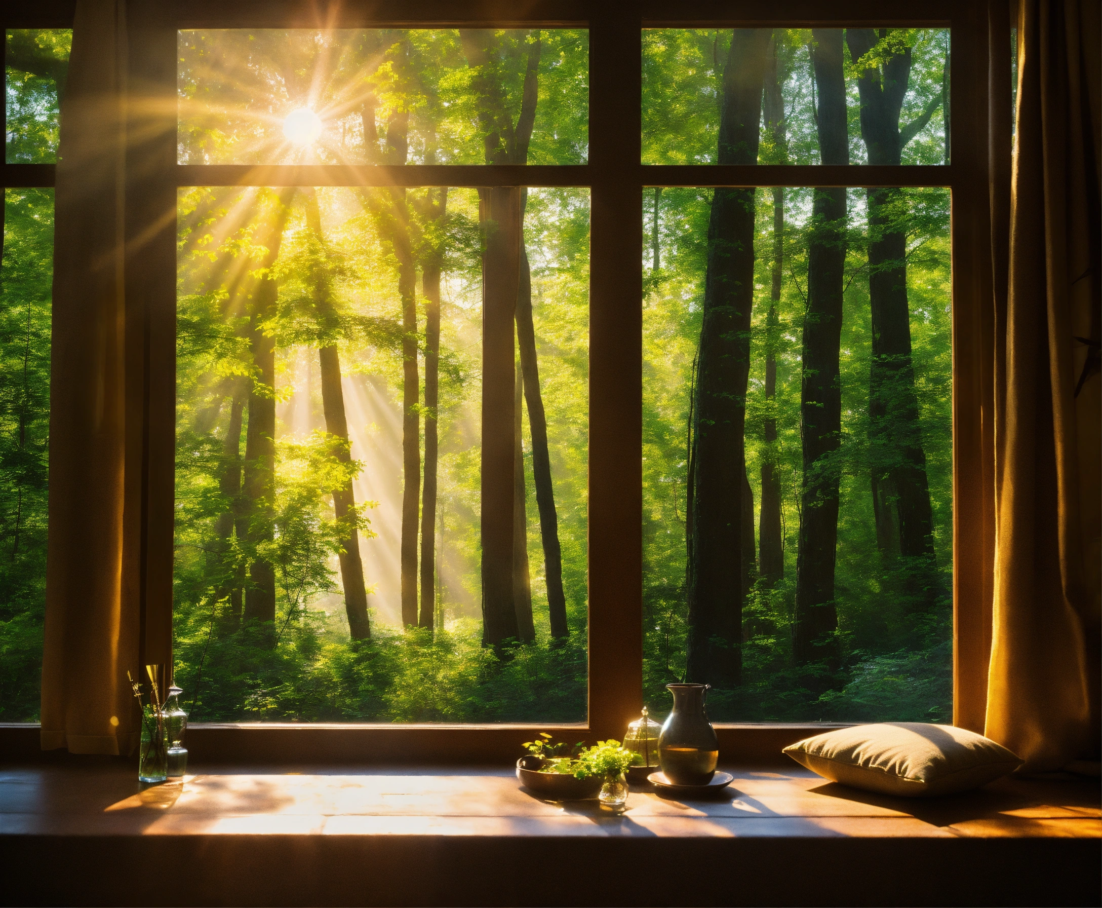 Lexica - A picture of a window with a forest view and sunlight shining ...