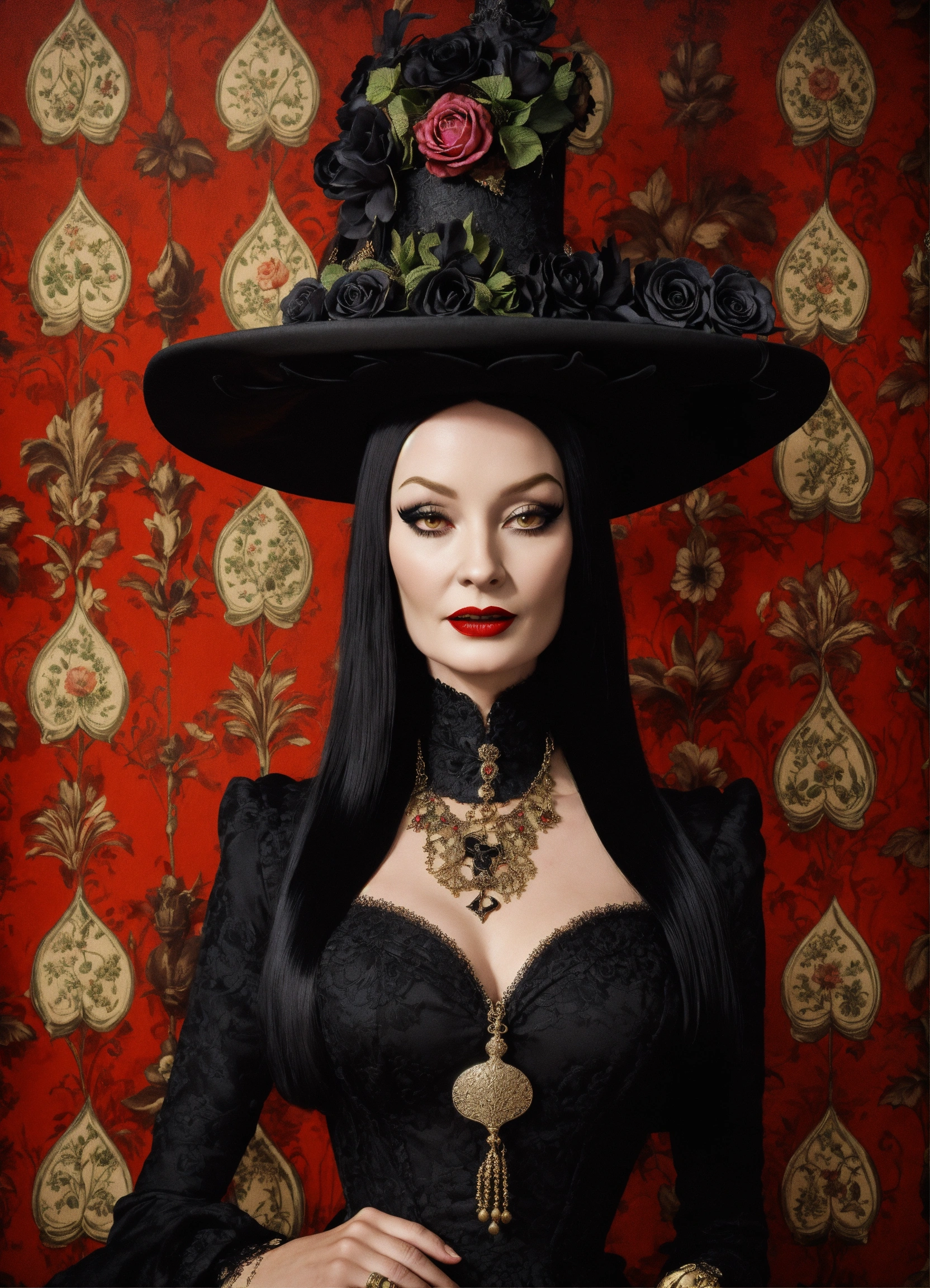 Lexica - Elaborate Gothic Morticia Addams queen of spades, 40 years old ...