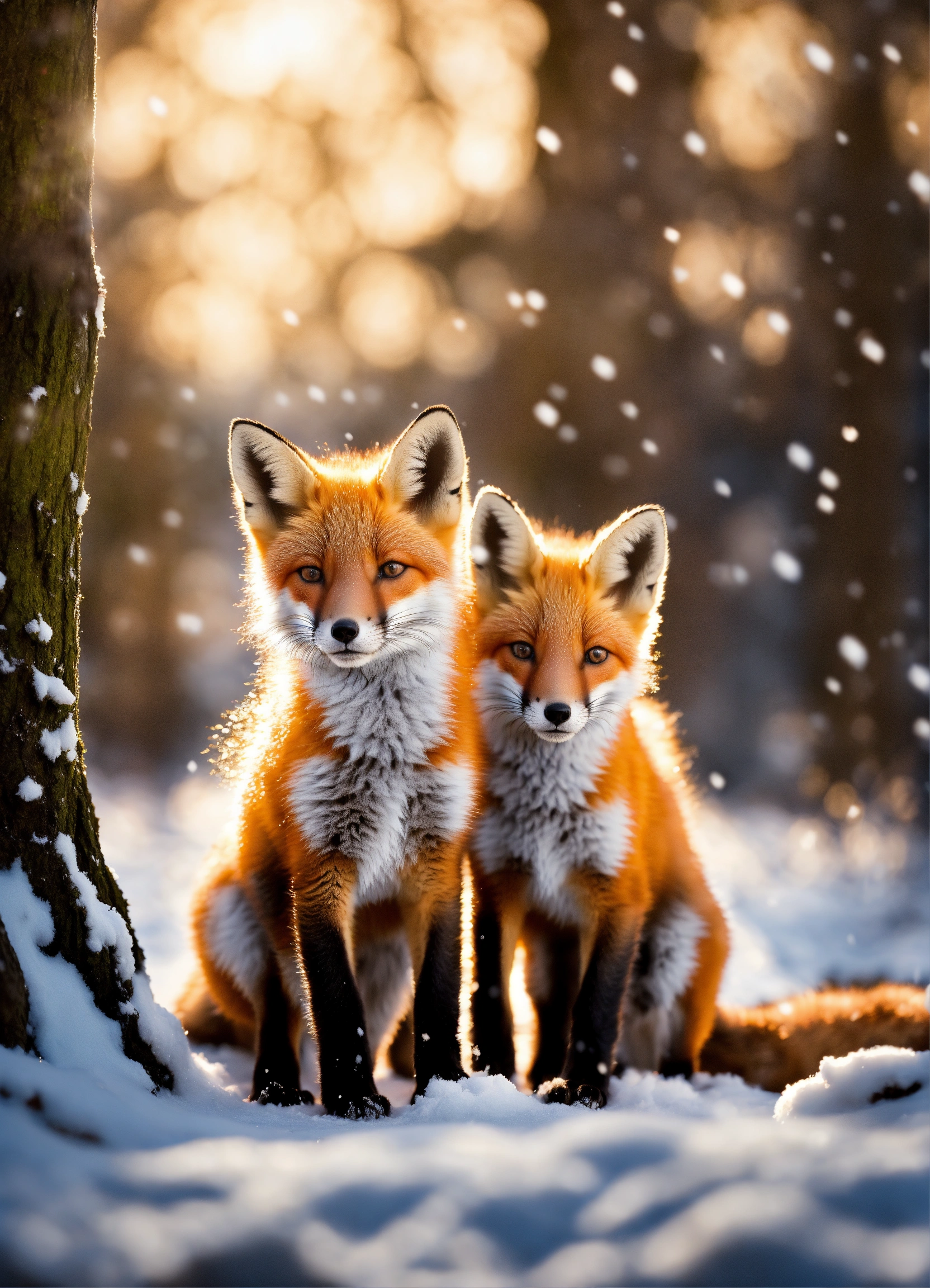 Lexica - Beautiful fox cubs playing in the snow in the moon light in a ...