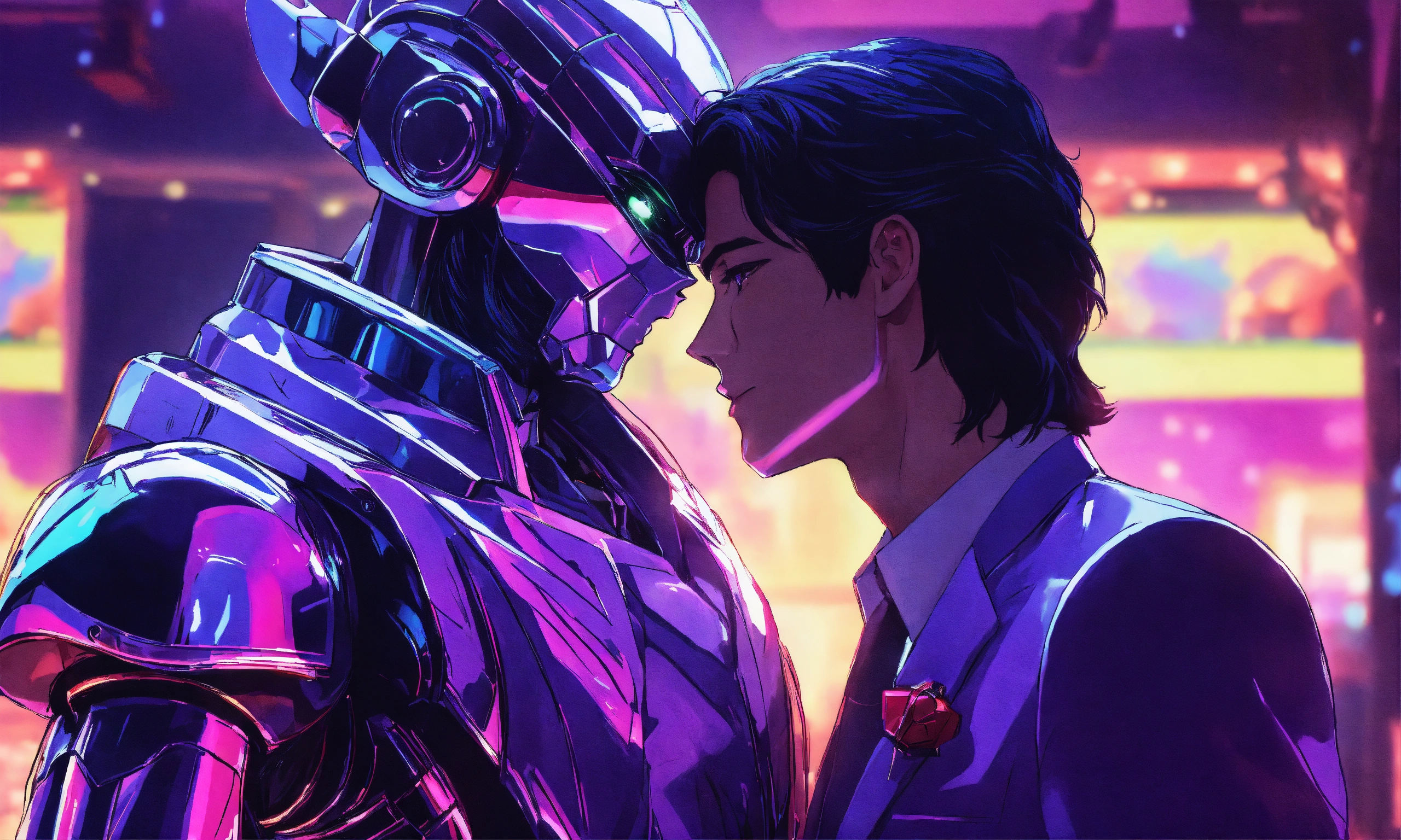 Lexica - 80s anime style, dark-haired man in a purple suit, kissing chrome  robot, night club, neon