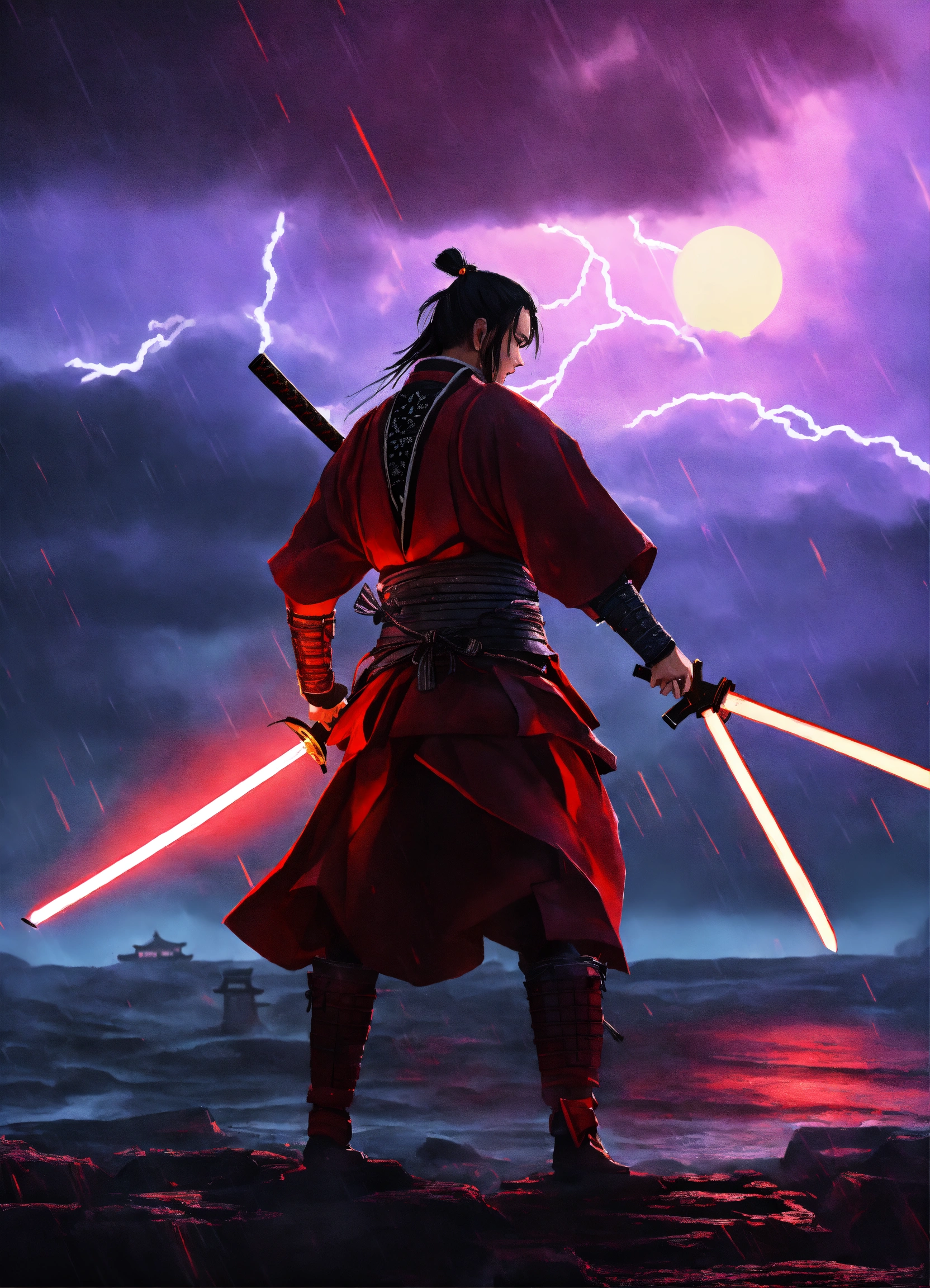 Lexica - Animated. Samurai with laser sword in a storm.