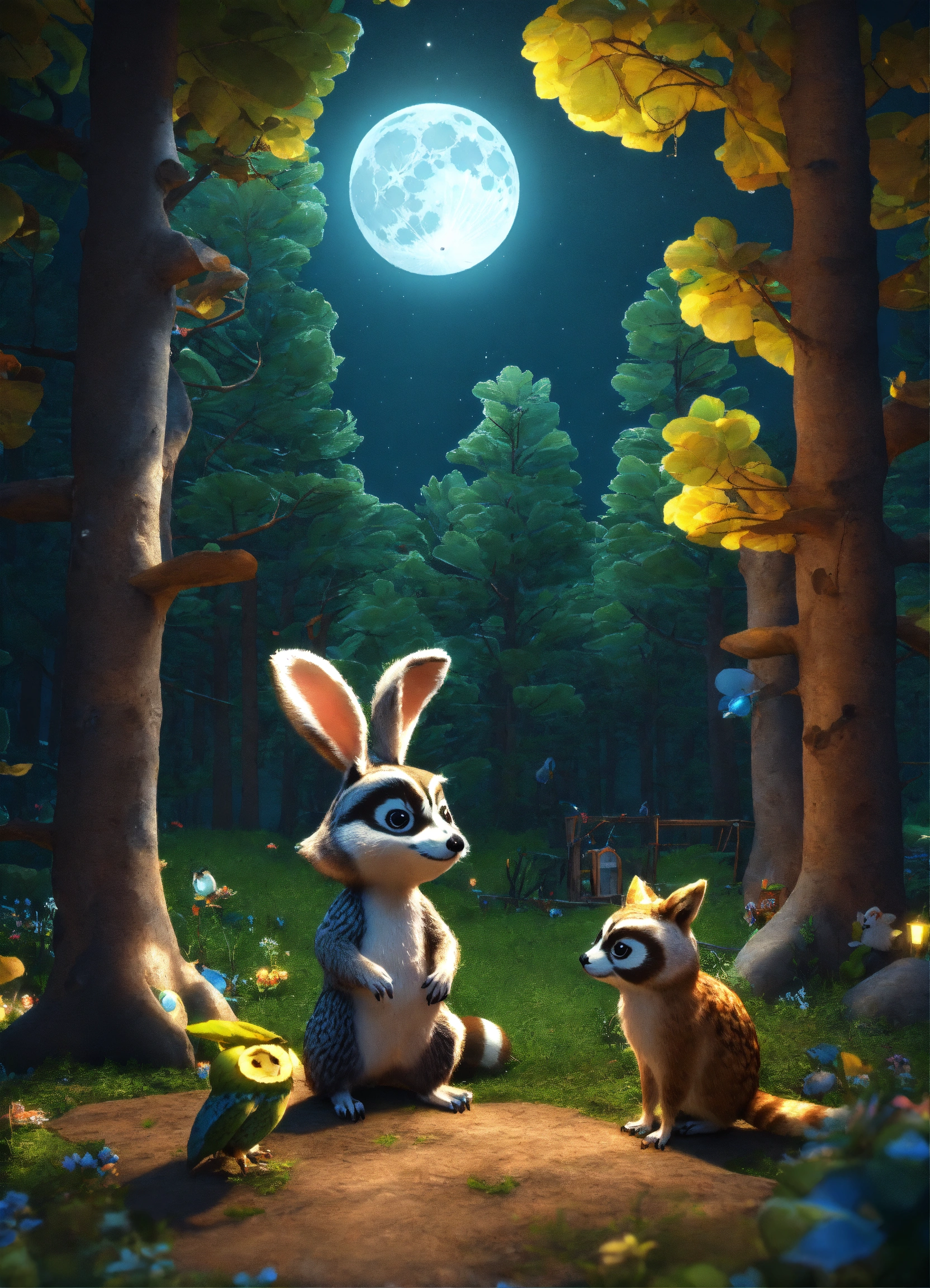 Lexica - Creating a story raccoon rabbit and owl in the middle of the ...