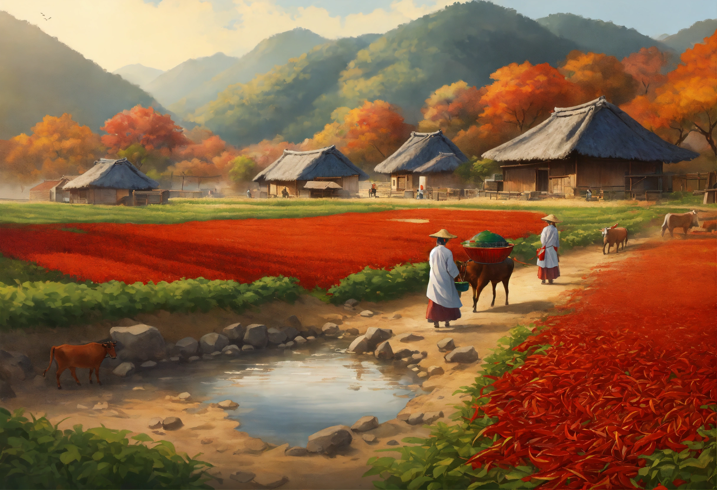 Lexica - A rural landscape in Korea, with thatched huts, a stream, a ...