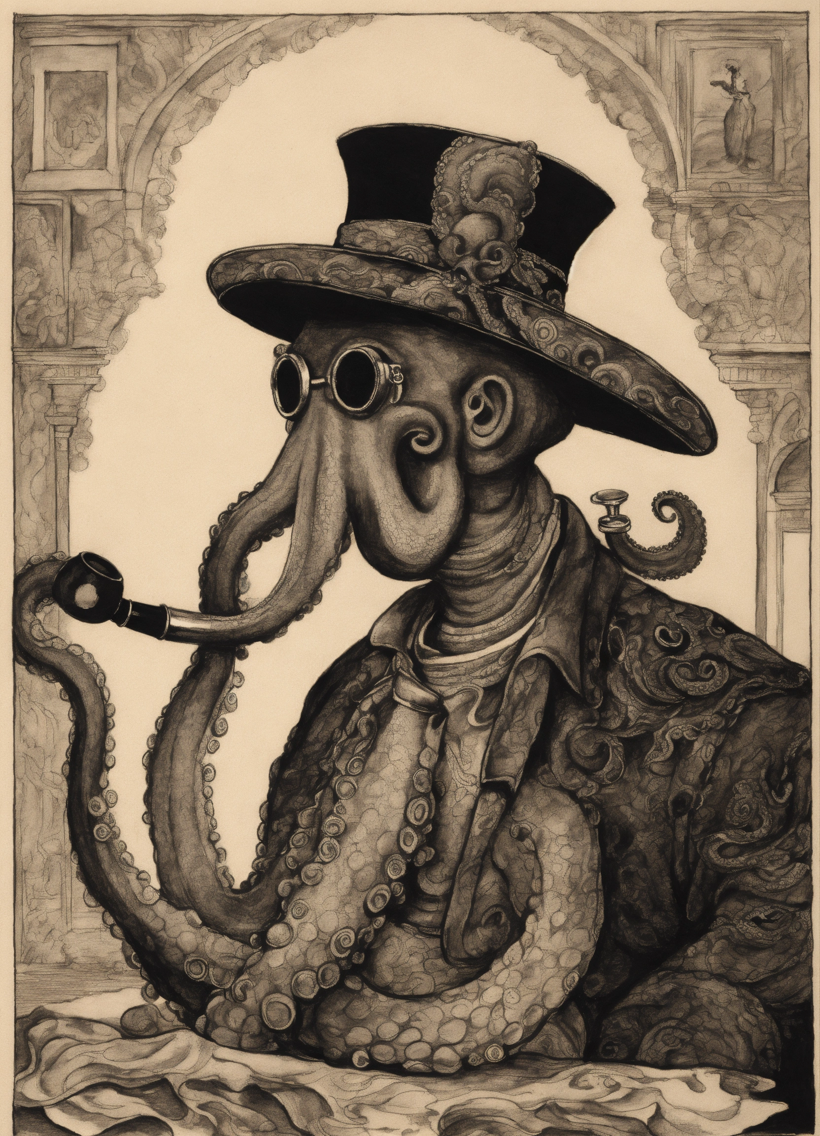 Lexica - Ink drawing of a scene of an octopus smoking a pipe and ...