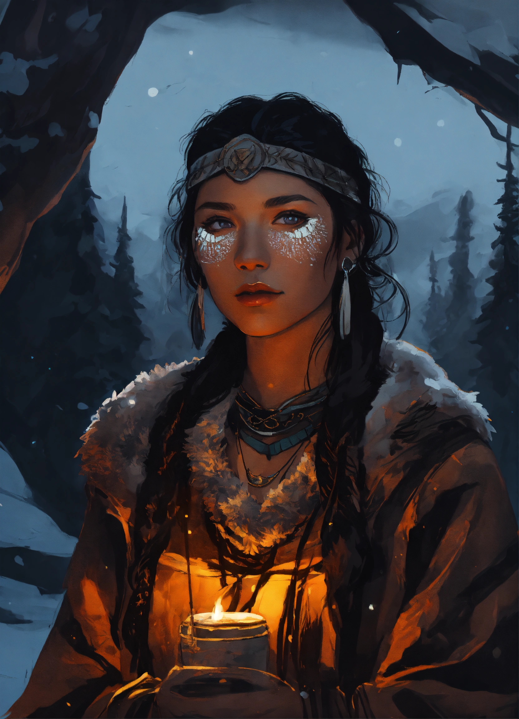 Lexica - Painting of a young siberian aboriginal woman wearing arctic  prehistoric clothing, dark fantasy, 8k, outlined silhouettes, dark hues,  art st...