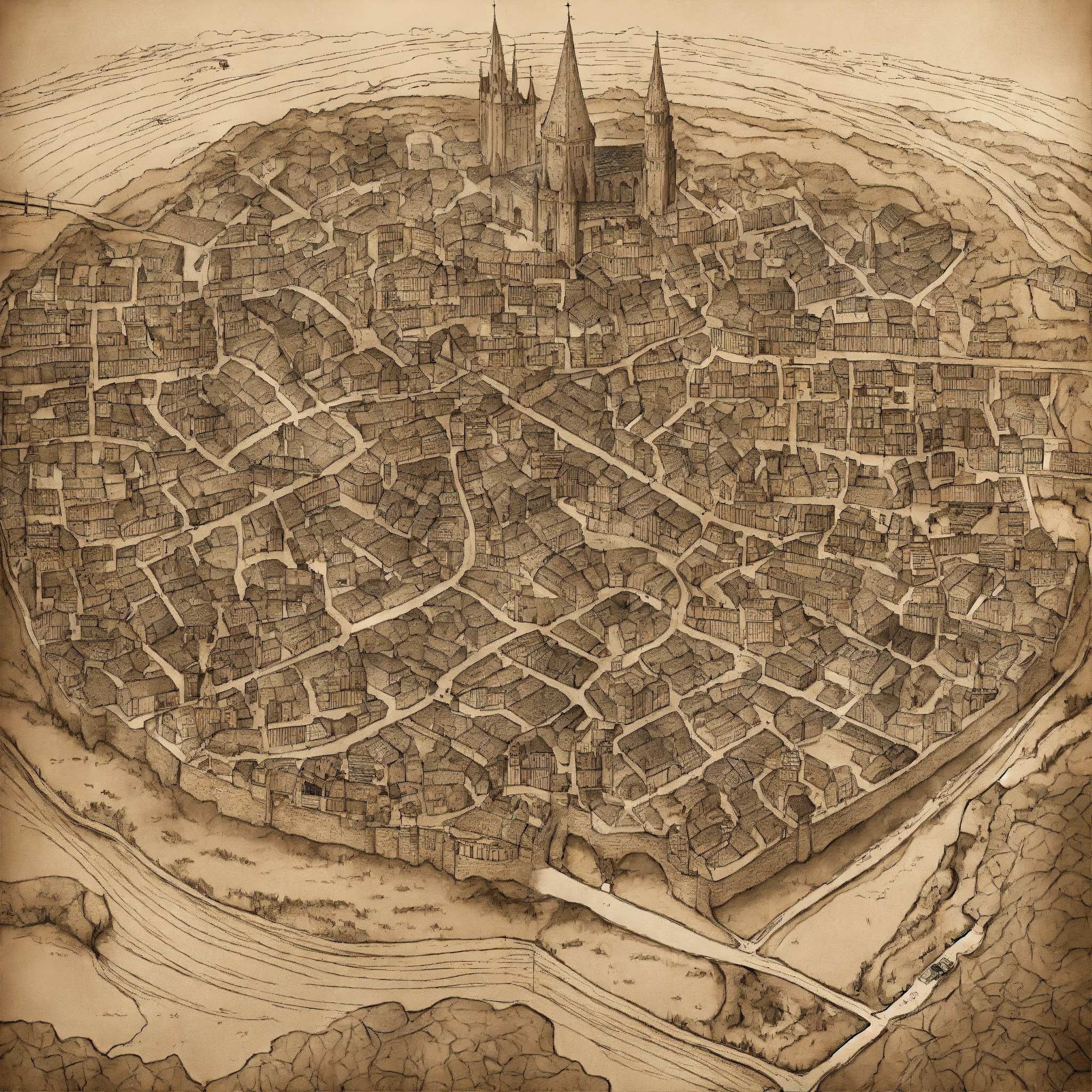 Lexica - Inked map of a medieval massive city. top-down view