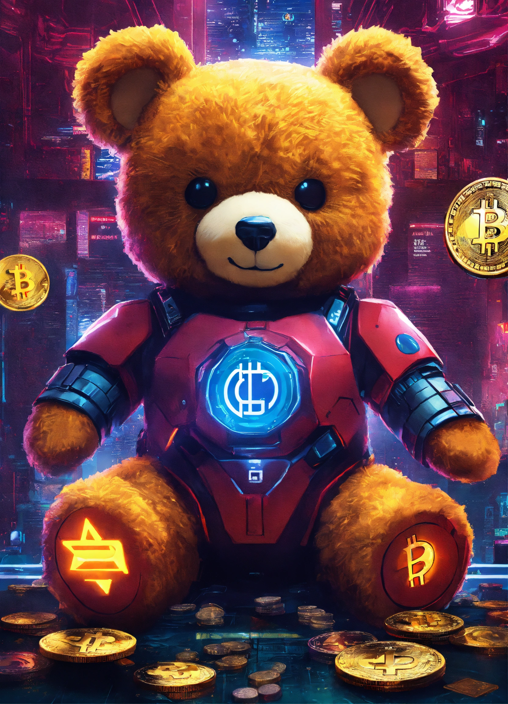 Lexica - Cyberpunk advertising poster of teddy bear , surrounded by ...