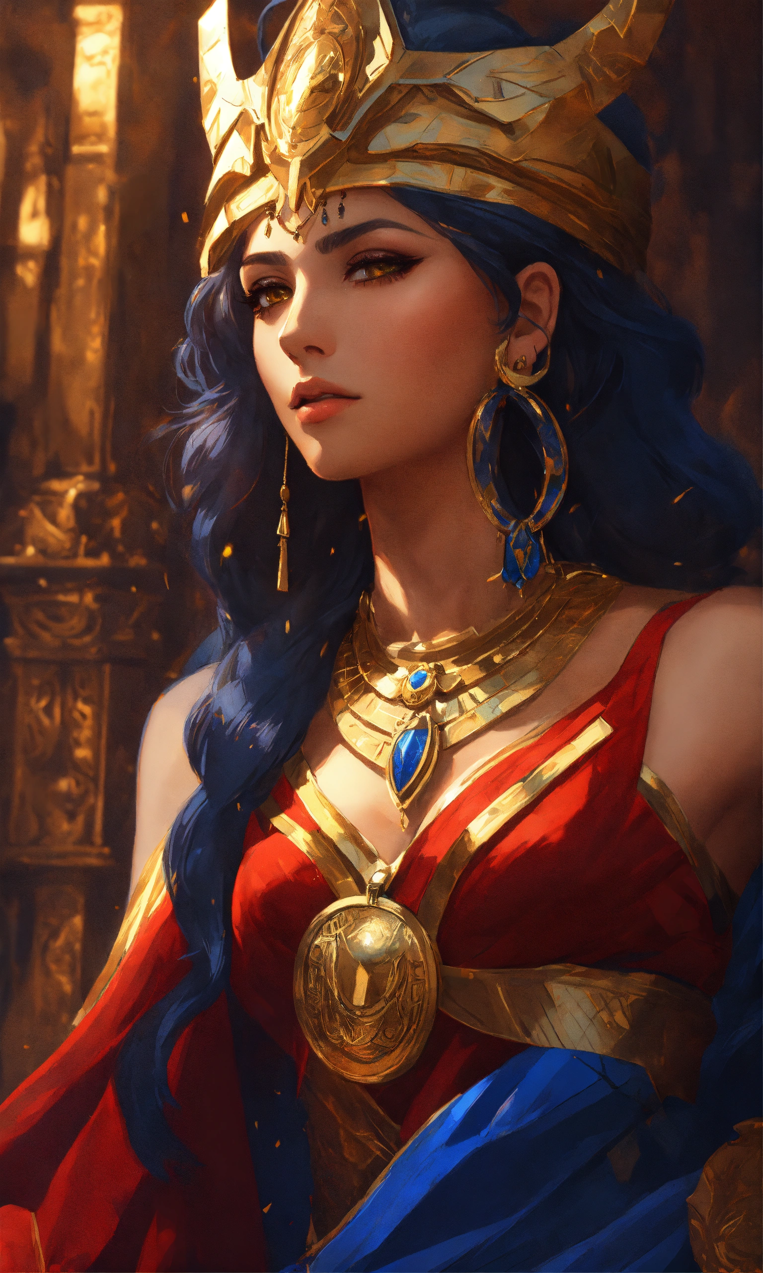 Lexica - Portrait of goddess inanna in a red, blue and gold dress ...