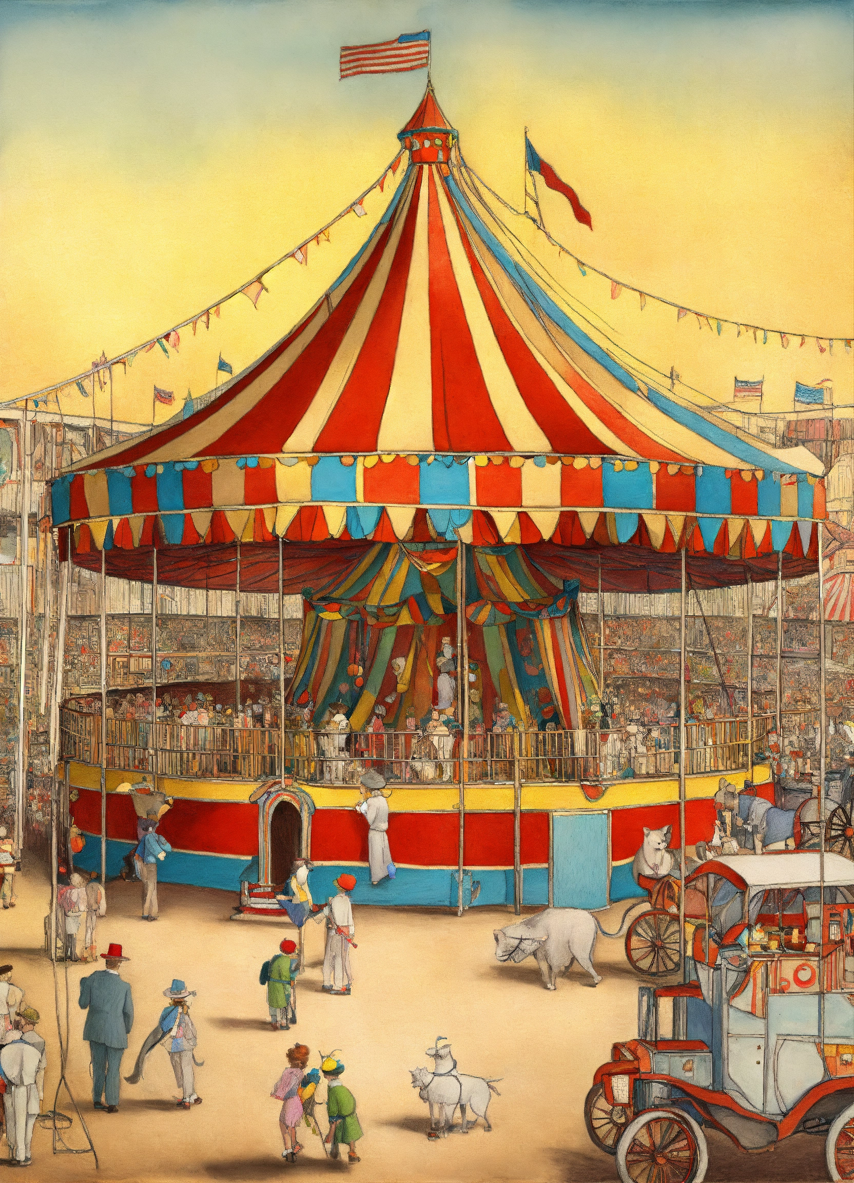 Lexica - Circus. Drawing an external view of a circus in the 50's. Line ...