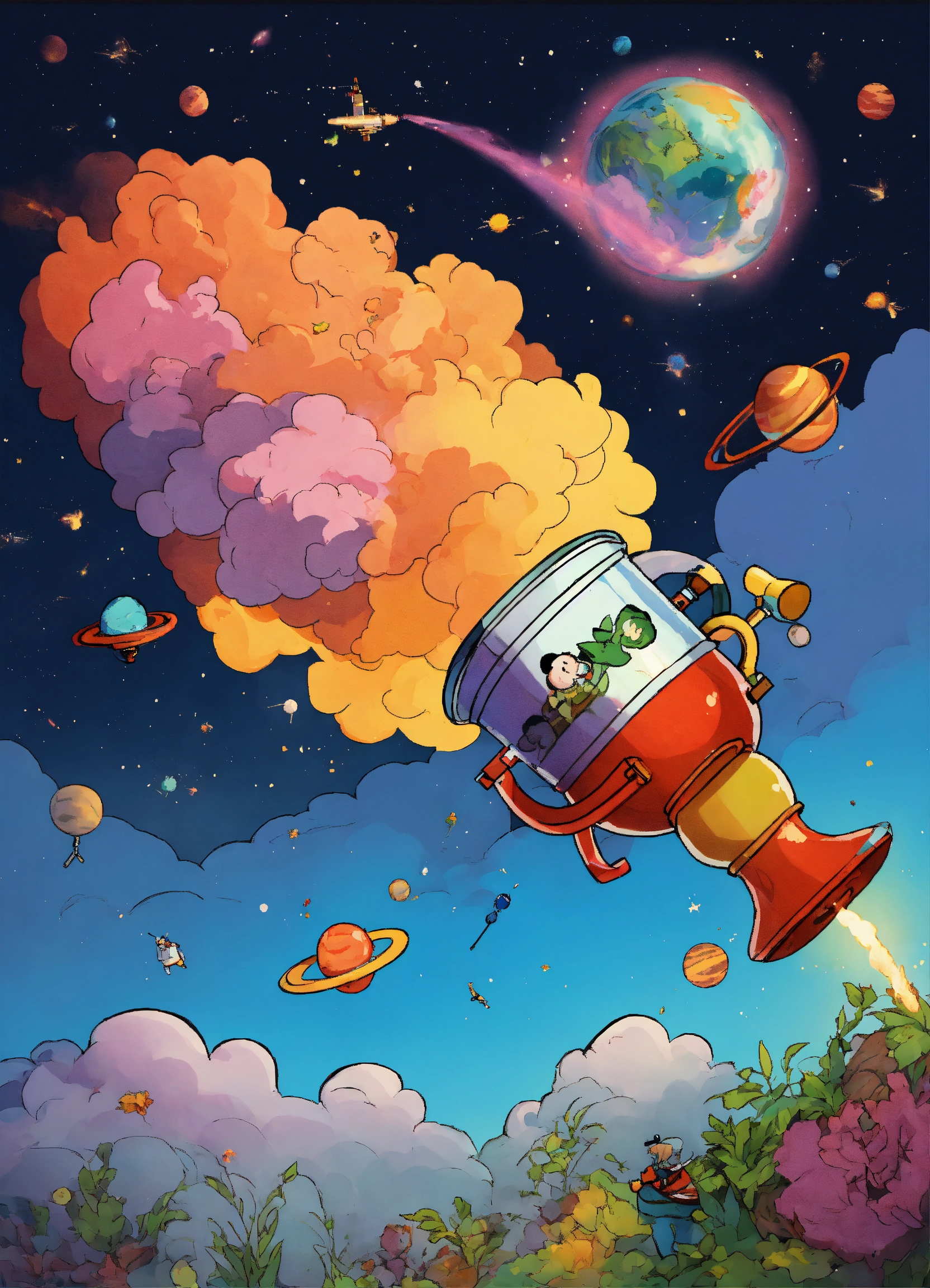 Lexica Cartoon smoking bong blasting into space