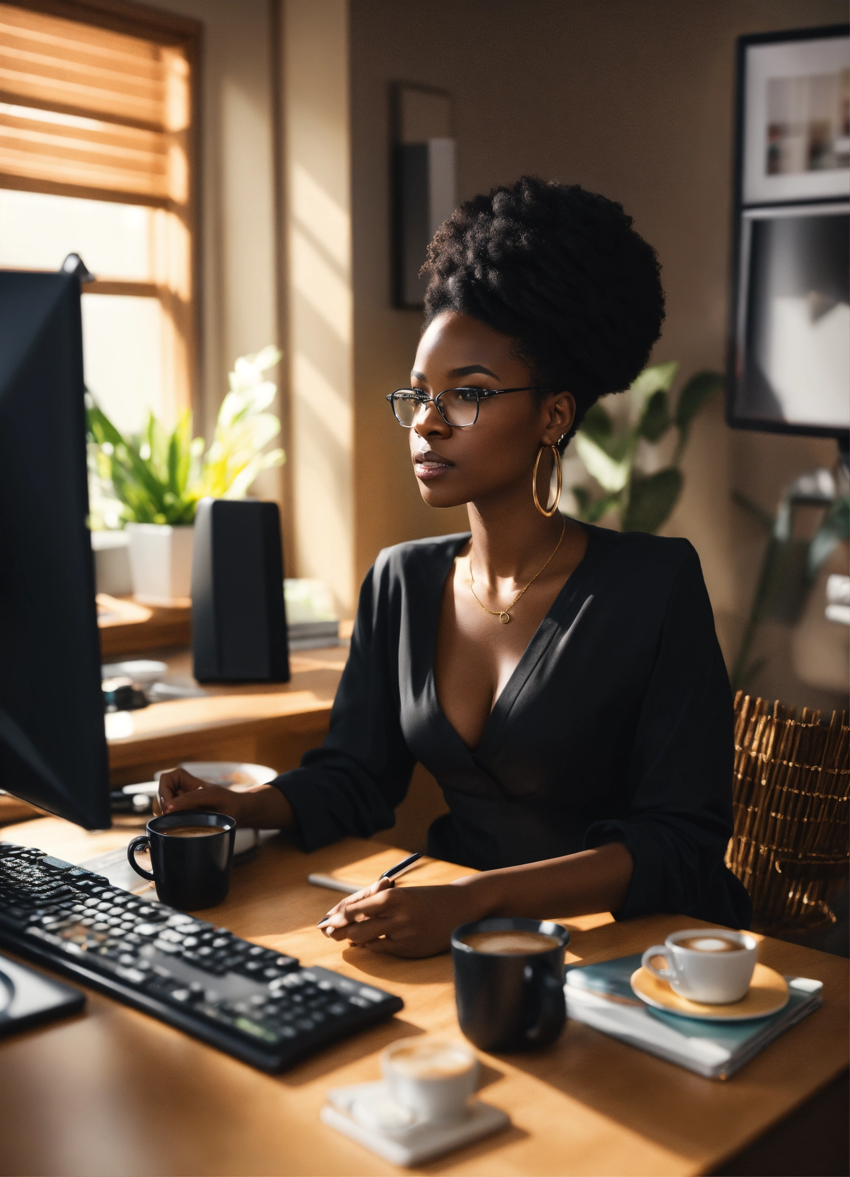 Lexica - Ultrarealistic image of a black woman in her home office ...