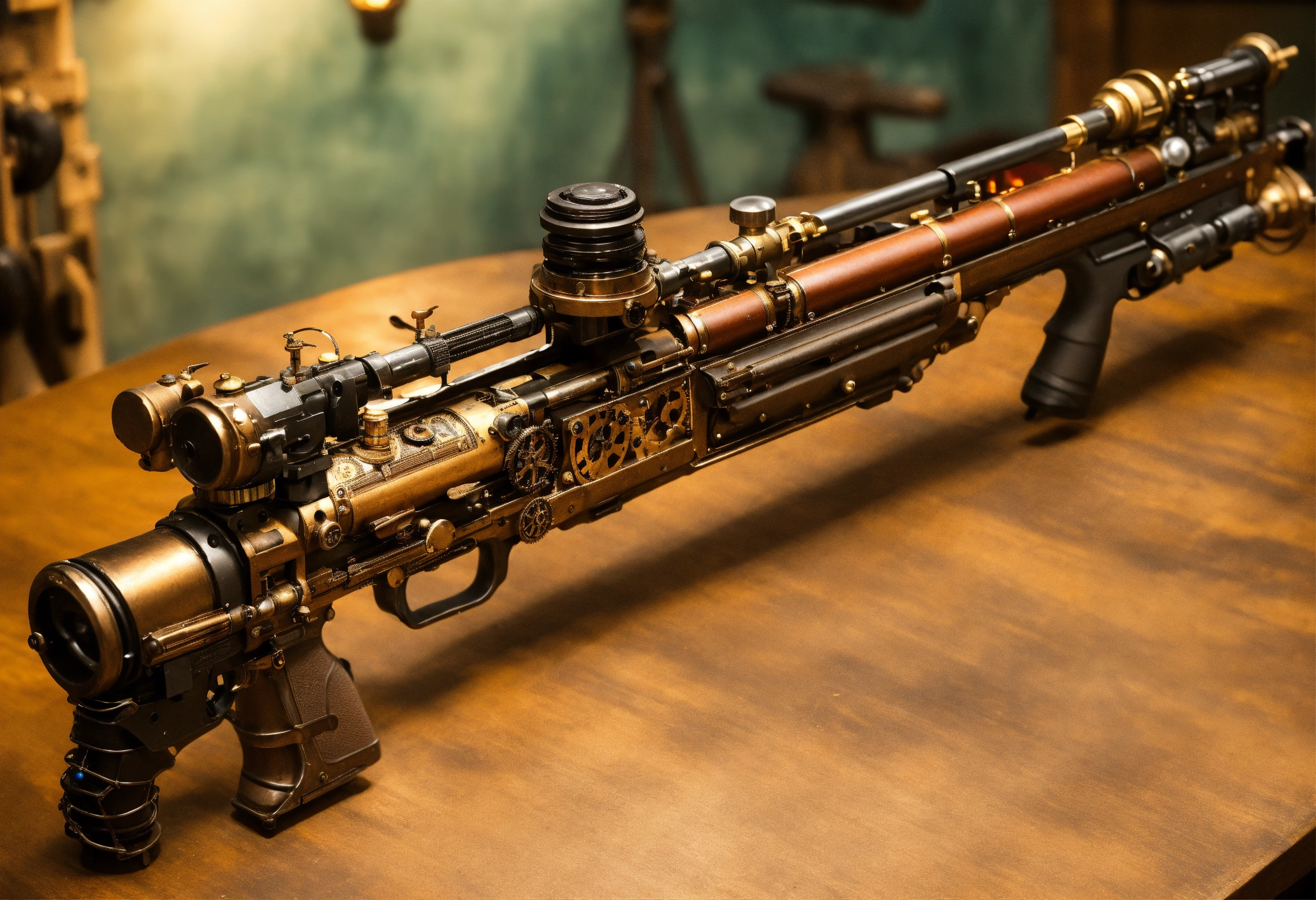 Lexica - Side view of the full image of a steampunk energy rifle